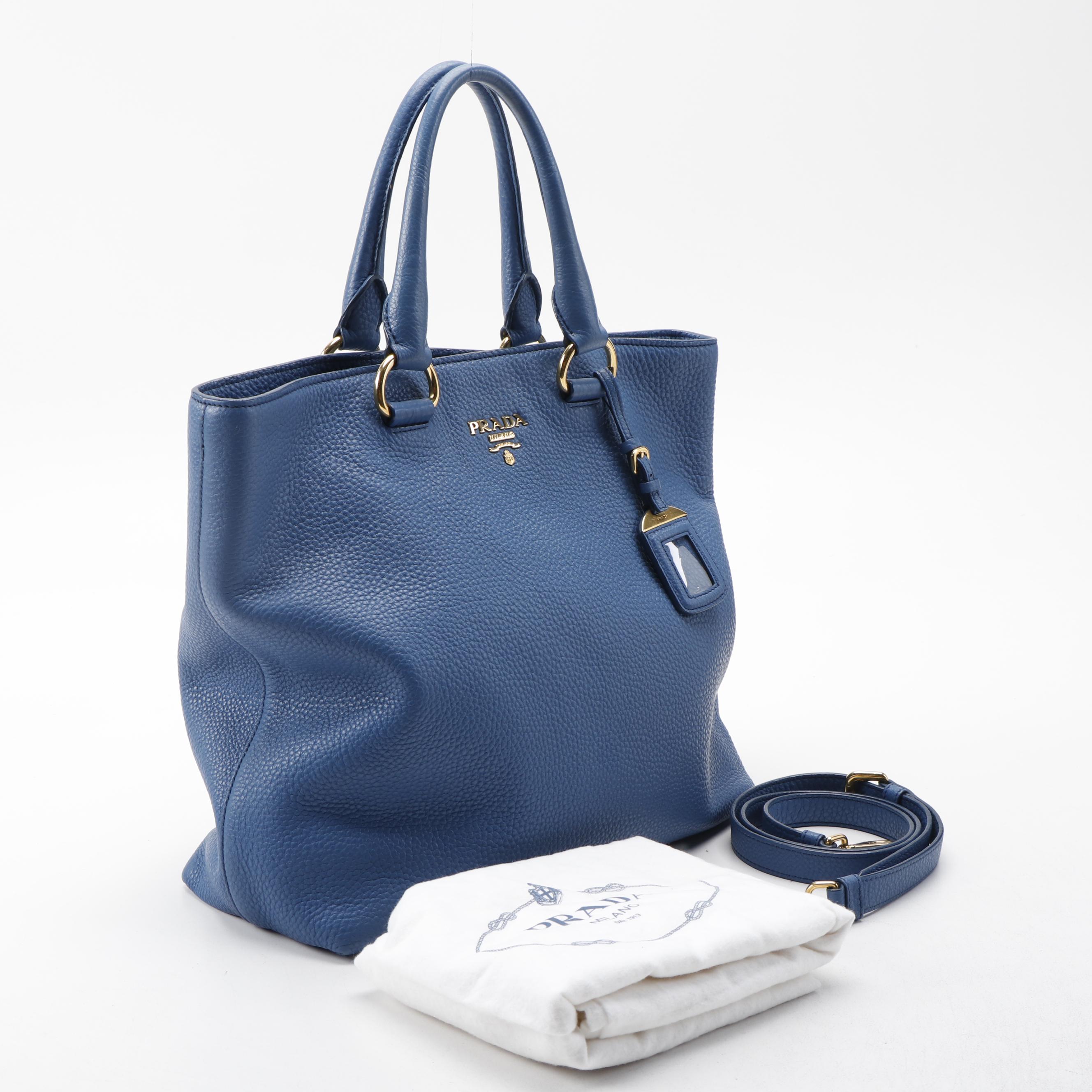 Prada Blue Vitello Daino Leather Two-Way Tote