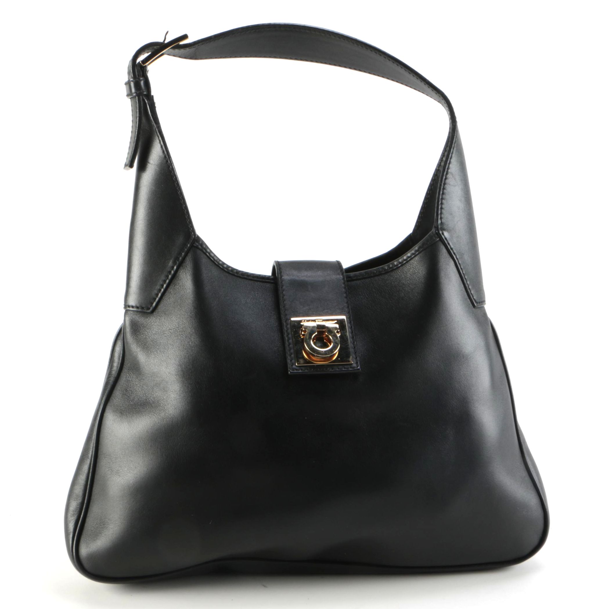 Salvatore Ferragamo Gancini Flap Black Leather Hobo Bag