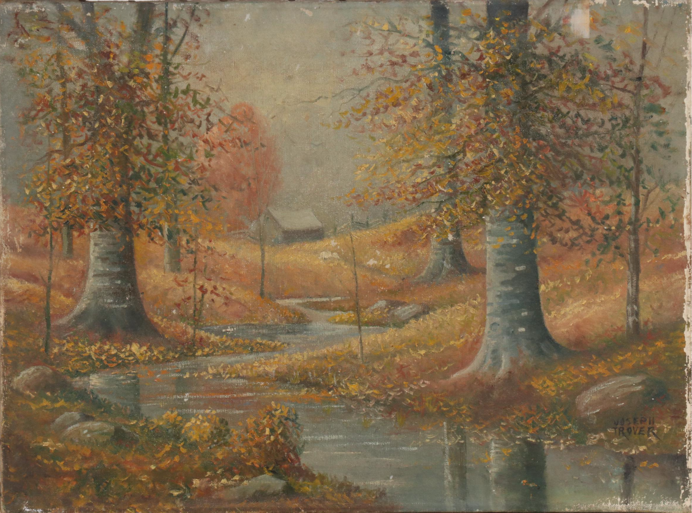 Joseph Trover Oil Painting of Autumn Landscape, Mid-Late 20th Century