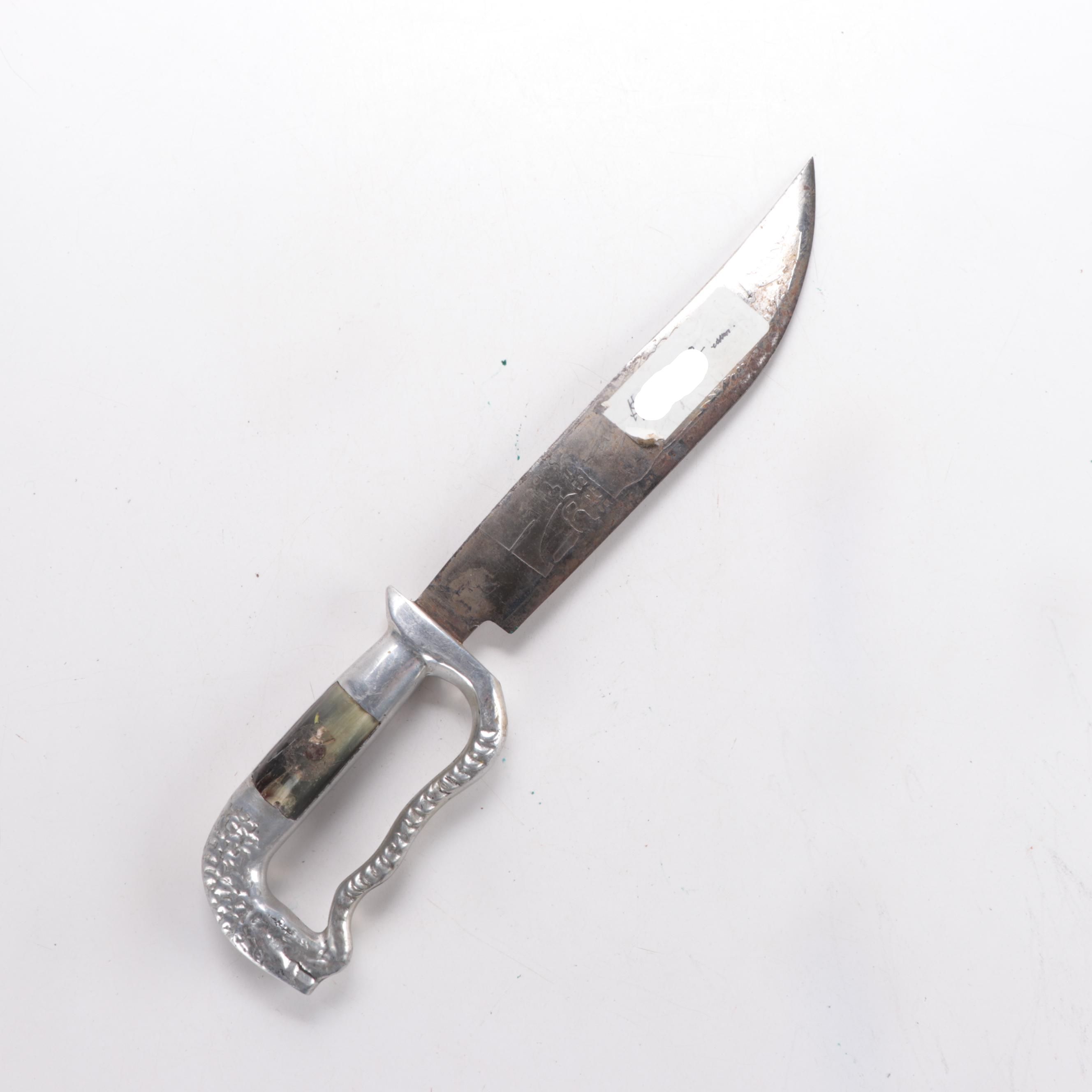 Mexican Souvenir Bowie Knife with Metal D-Guard, and Horn Inset Handle