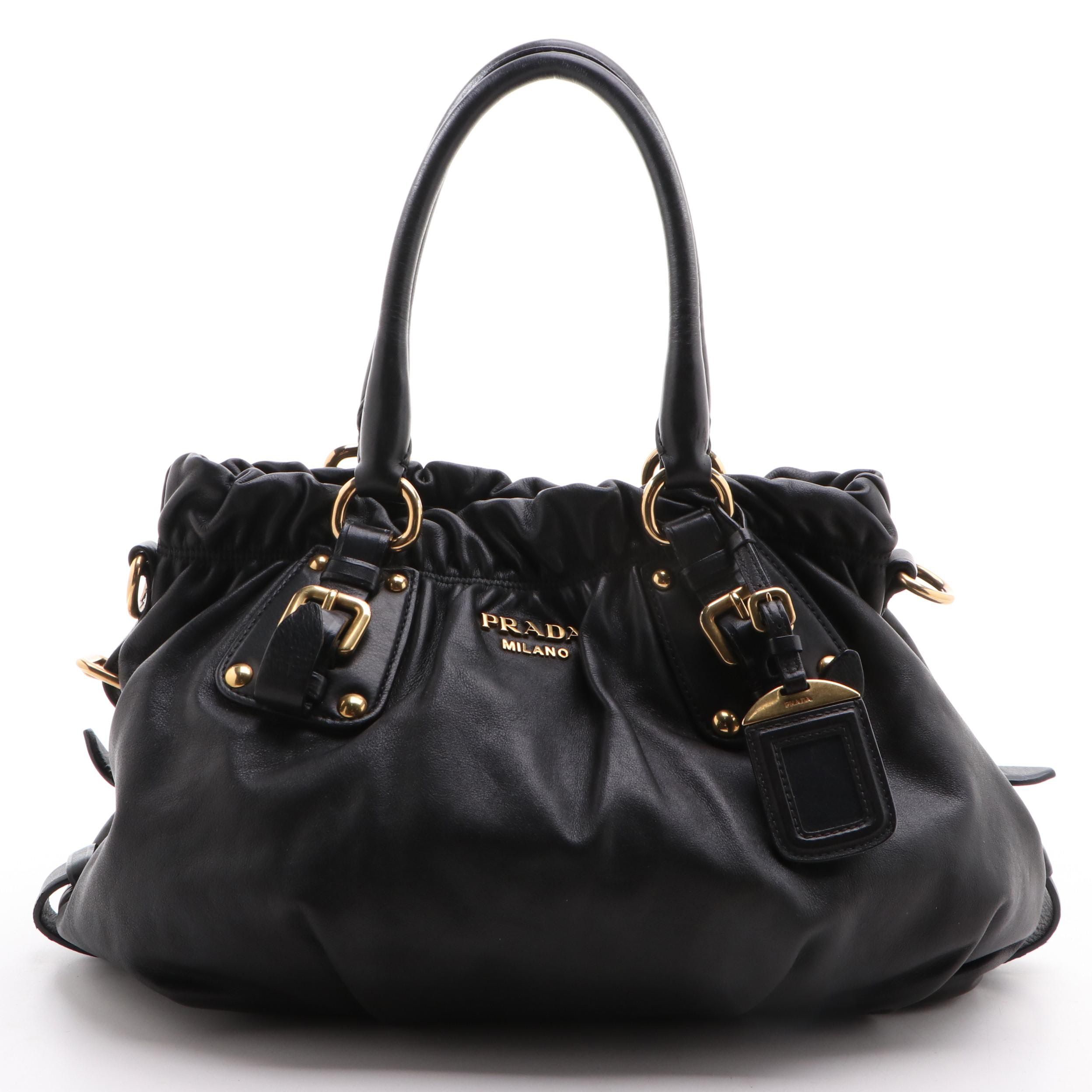 Prada Pleated Black Leather Convertible Satchel