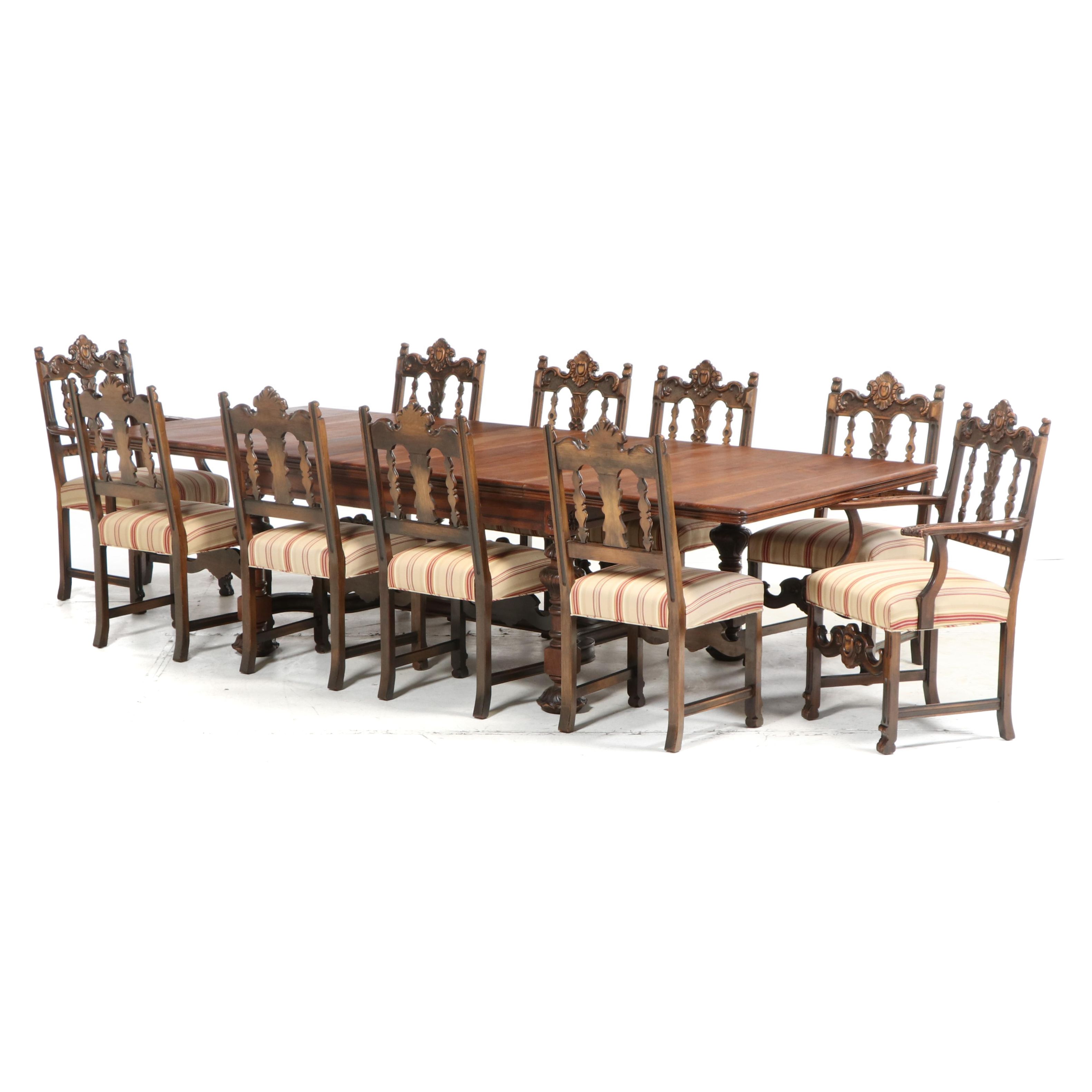 Jacobean Style Expandable Dining Table with Ten Chairs, Early 20th Century
