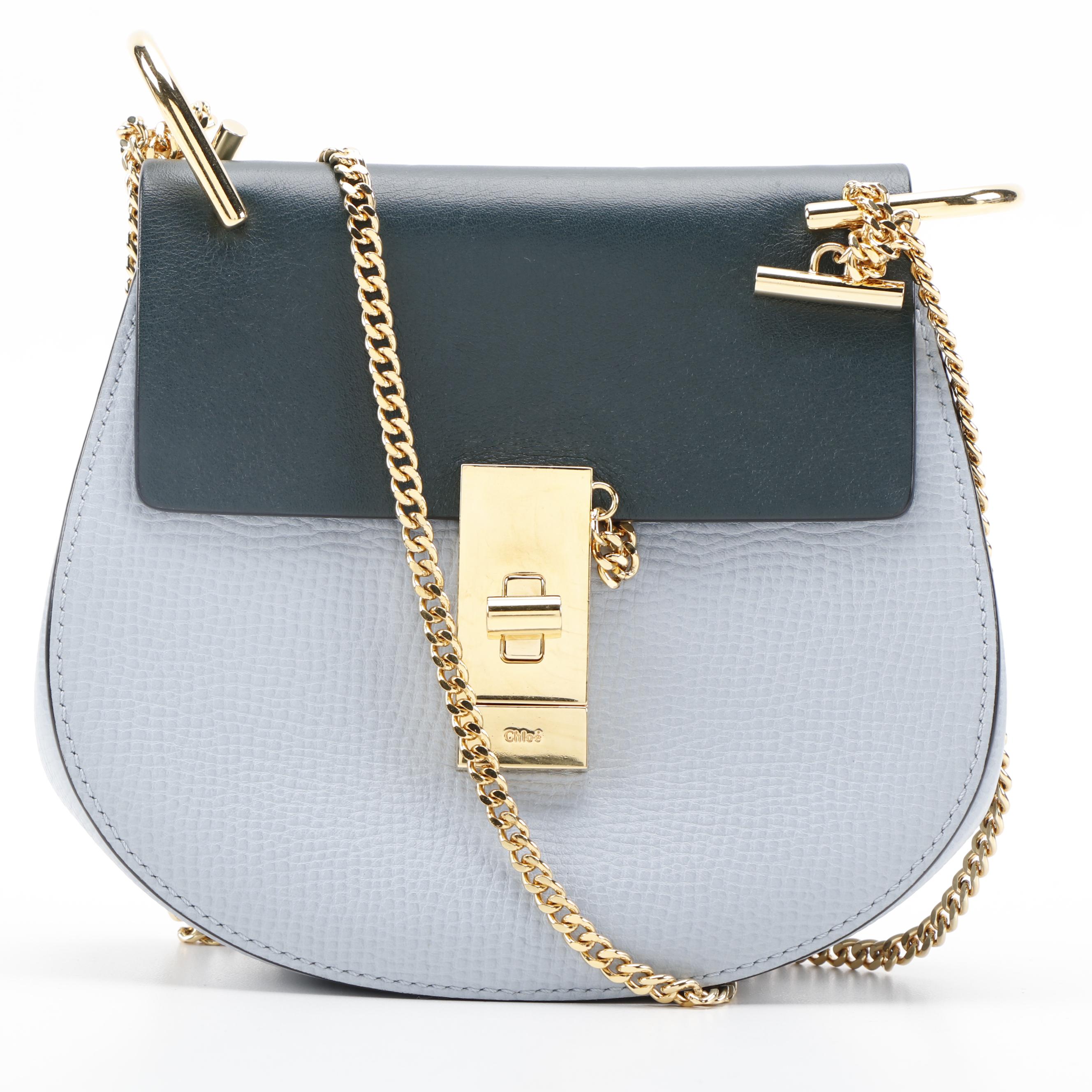 Chloé Mini Drew Crossbody Bag in Blue Grained and Green Leather with Chain Strap