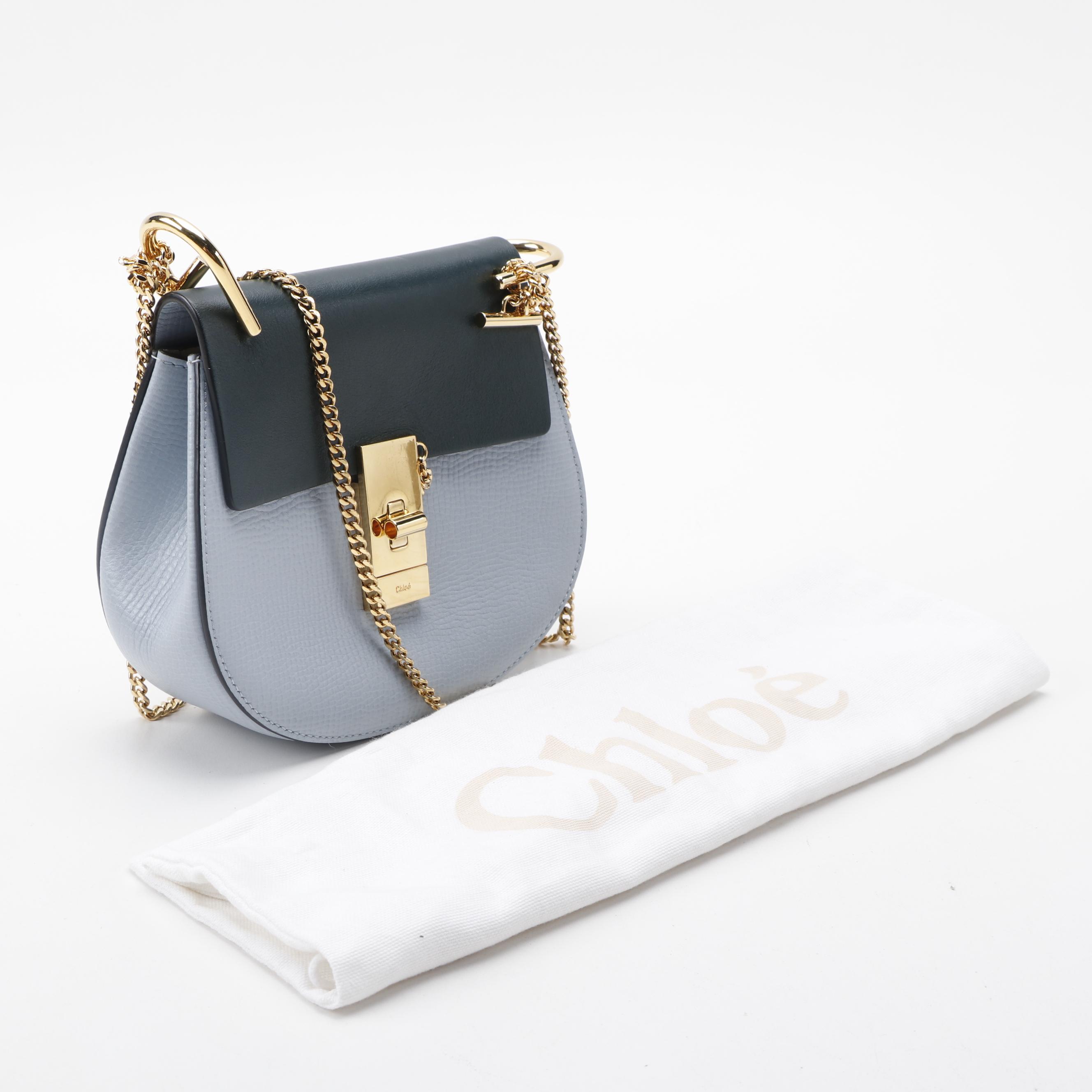 Chloé Mini Drew Crossbody Bag in Blue Grained and Green Leather with Chain Strap