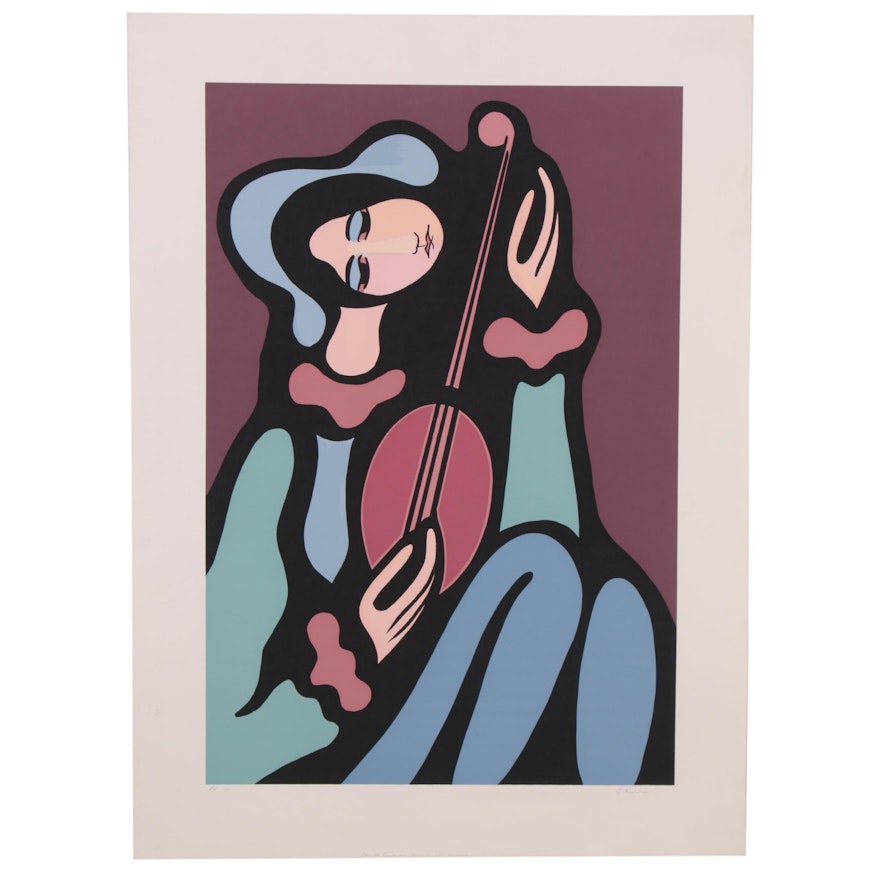 Modernist Style Serigraph of Guitar Player, Late 20th Century