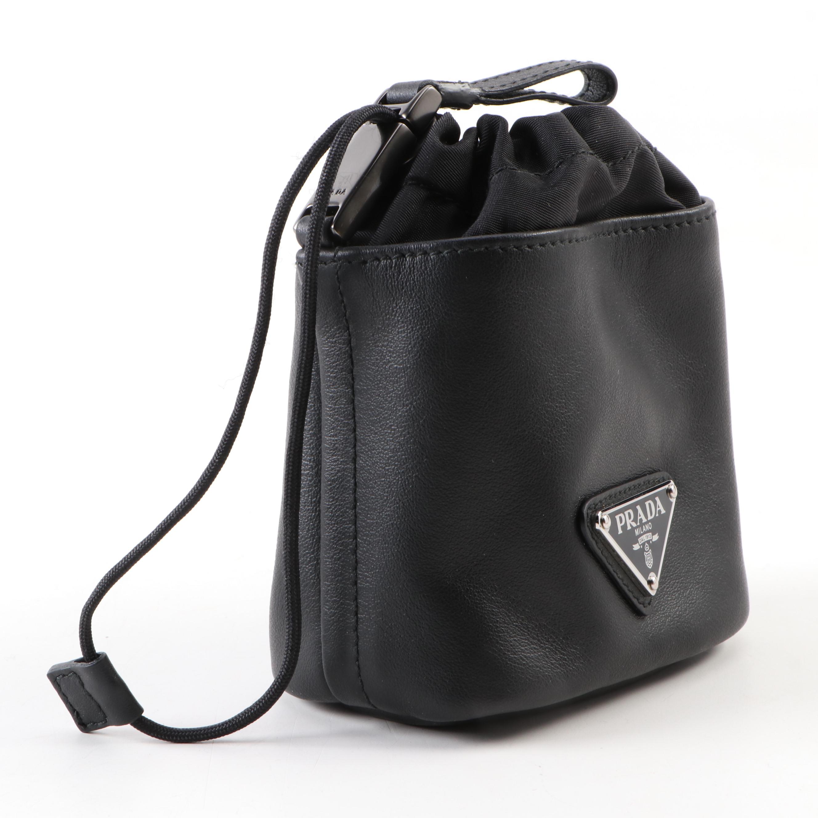 Prada Drawstring Pouch in Black Calfskin Leather and Nylon with Box