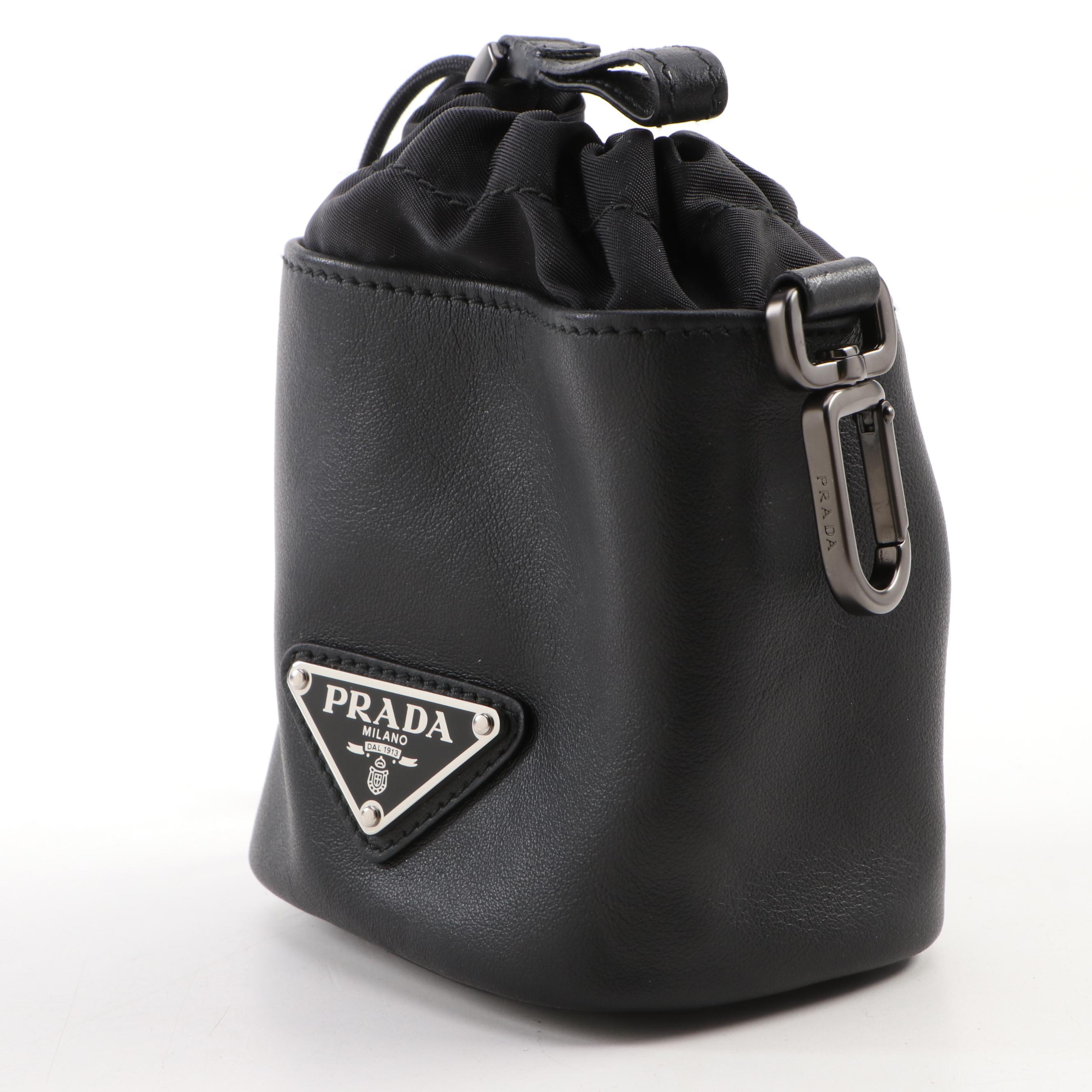 Prada Drawstring Pouch in Black Calfskin Leather and Nylon with Box