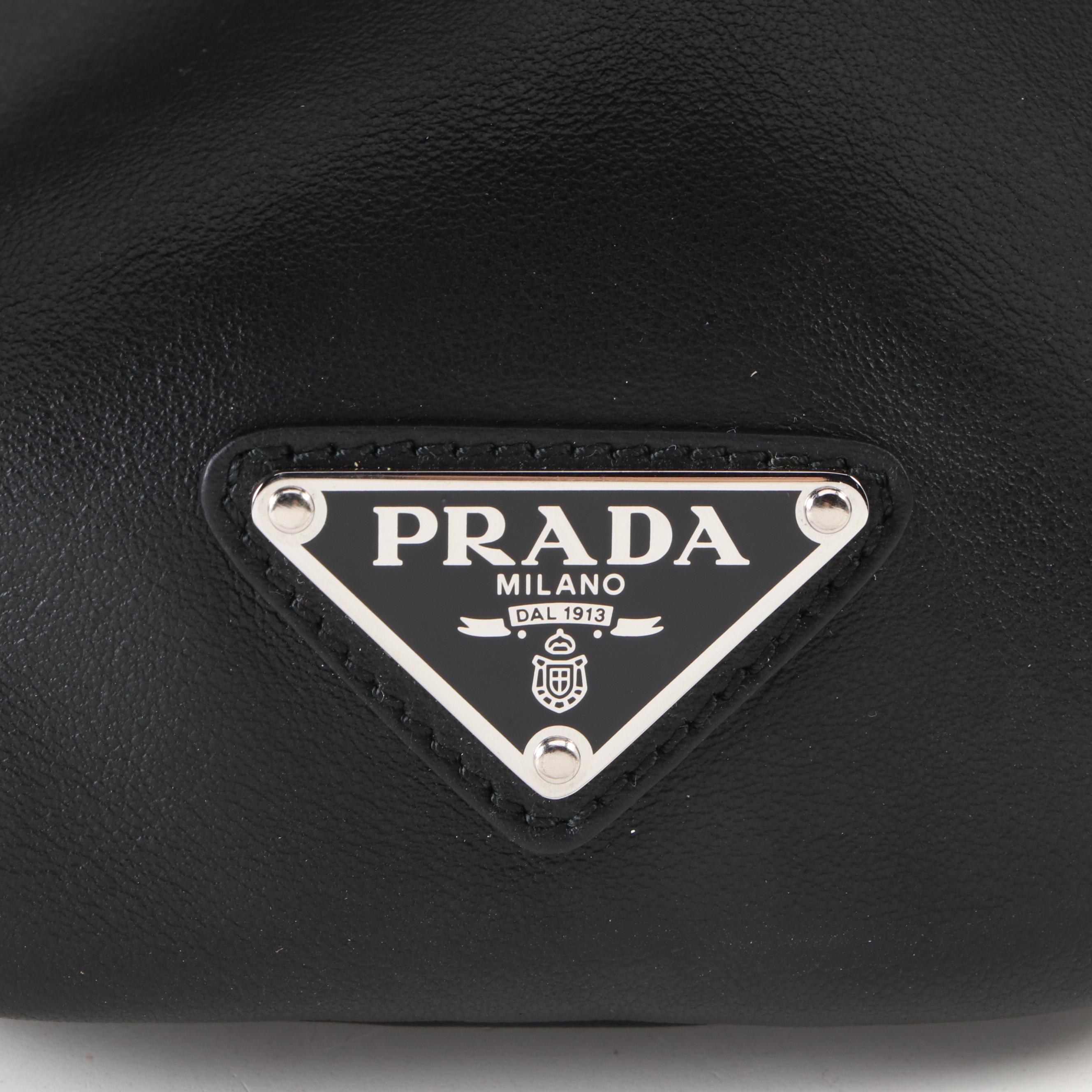 Prada Drawstring Pouch in Black Calfskin Leather and Nylon with Box