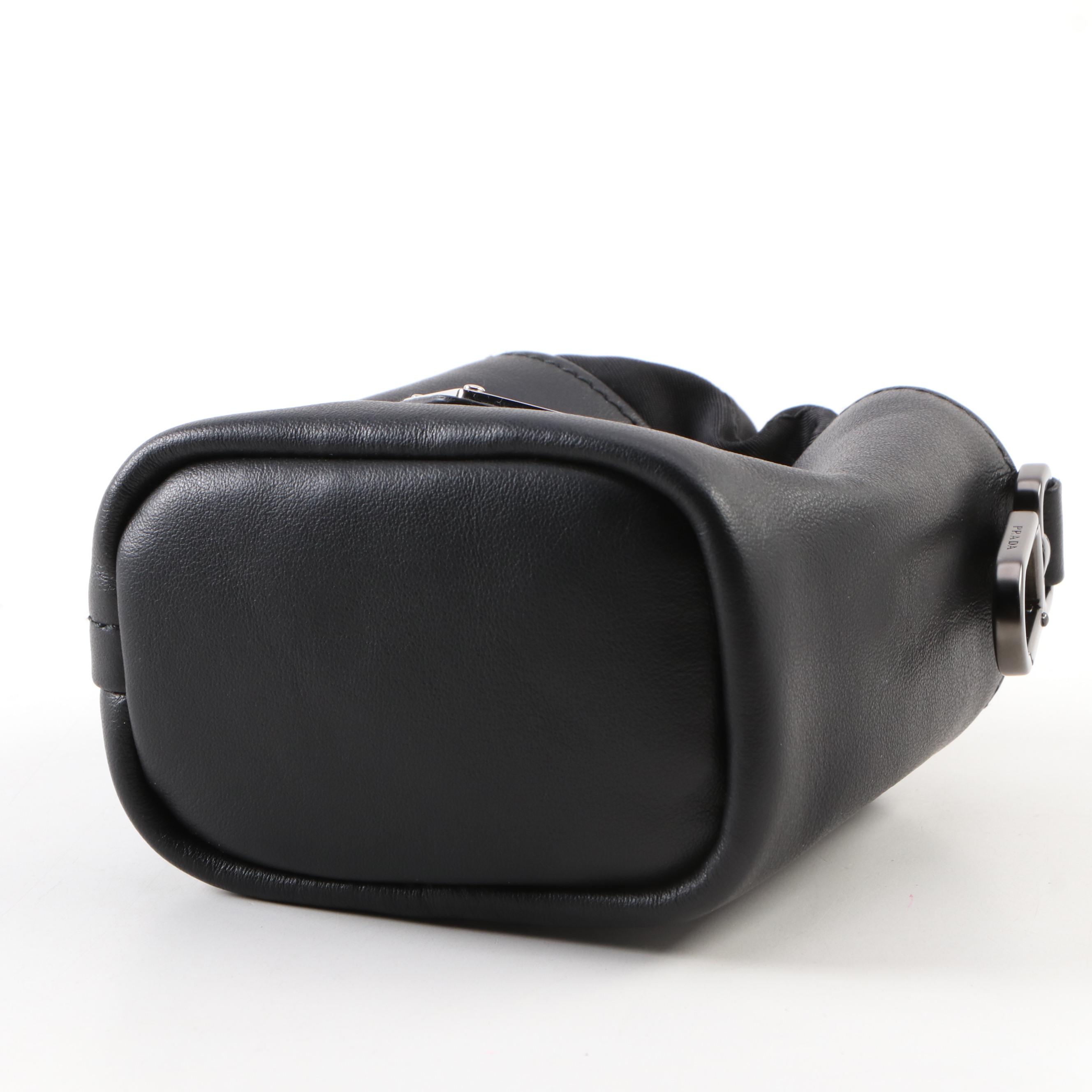 Prada Drawstring Pouch in Black Calfskin Leather and Nylon with Box
