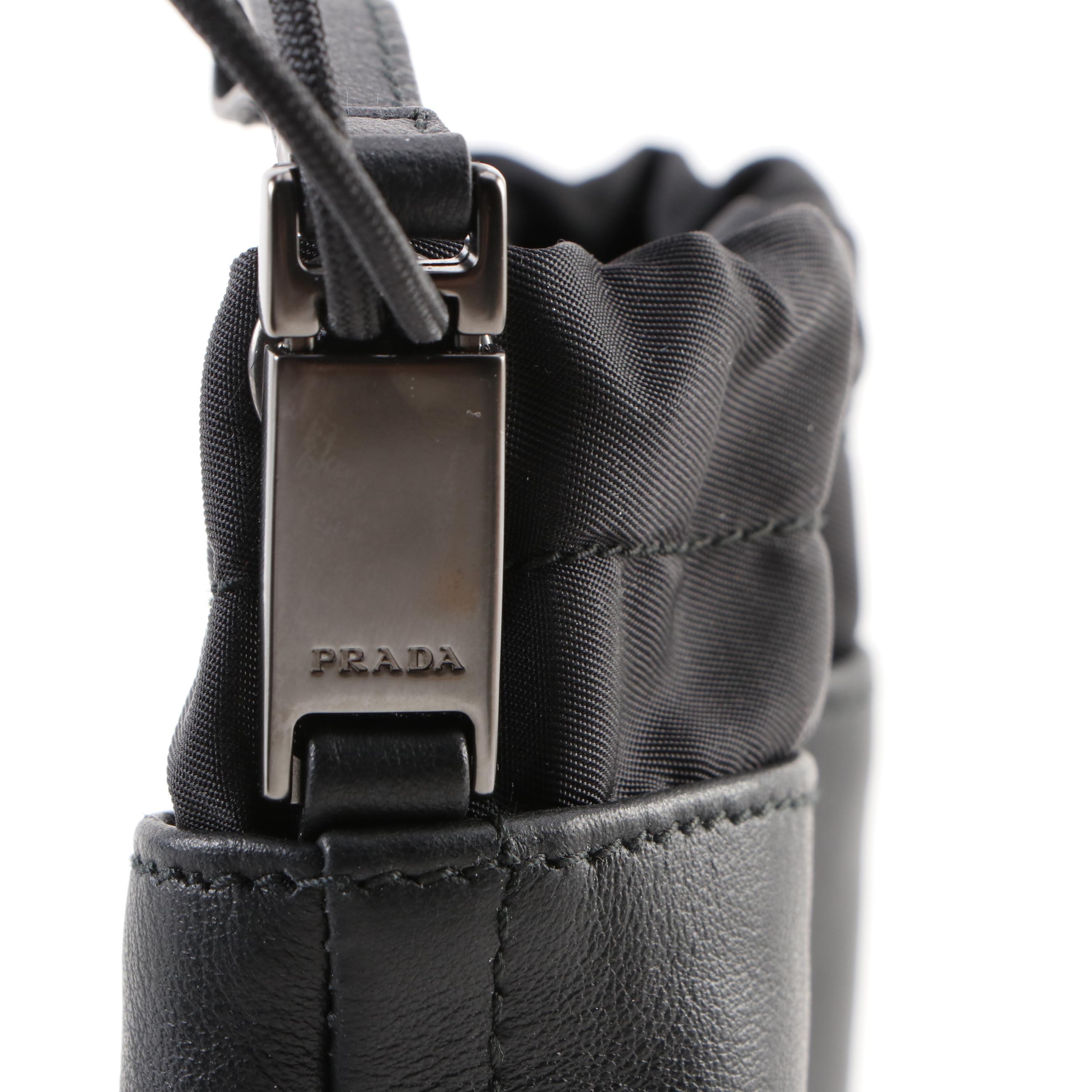 Prada Drawstring Pouch in Black Calfskin Leather and Nylon with Box