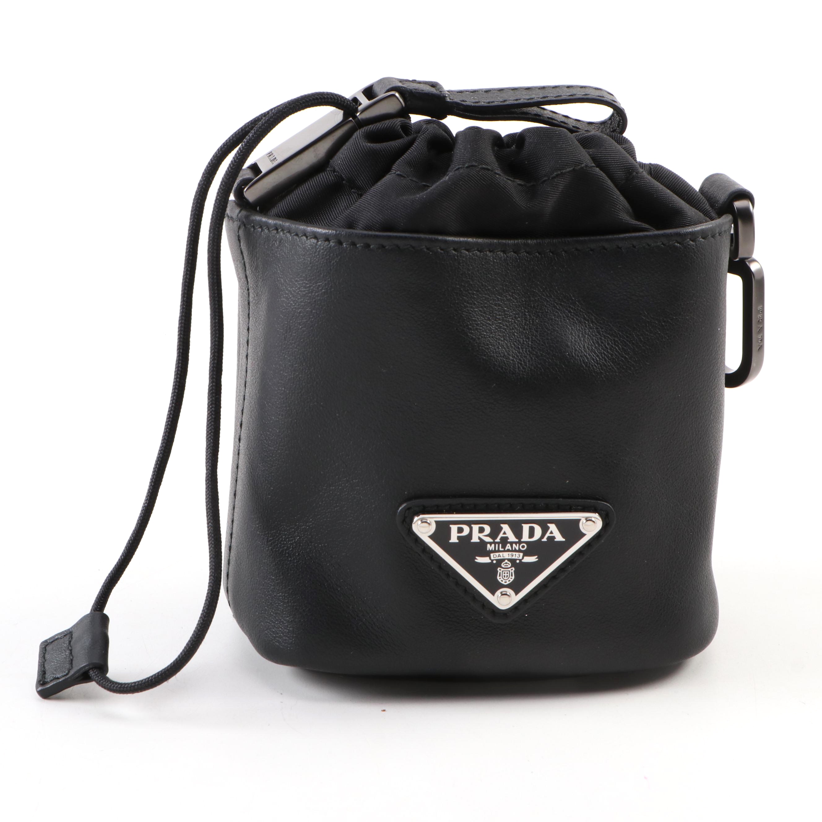 Prada Drawstring Pouch in Black Calfskin Leather and Nylon with Box