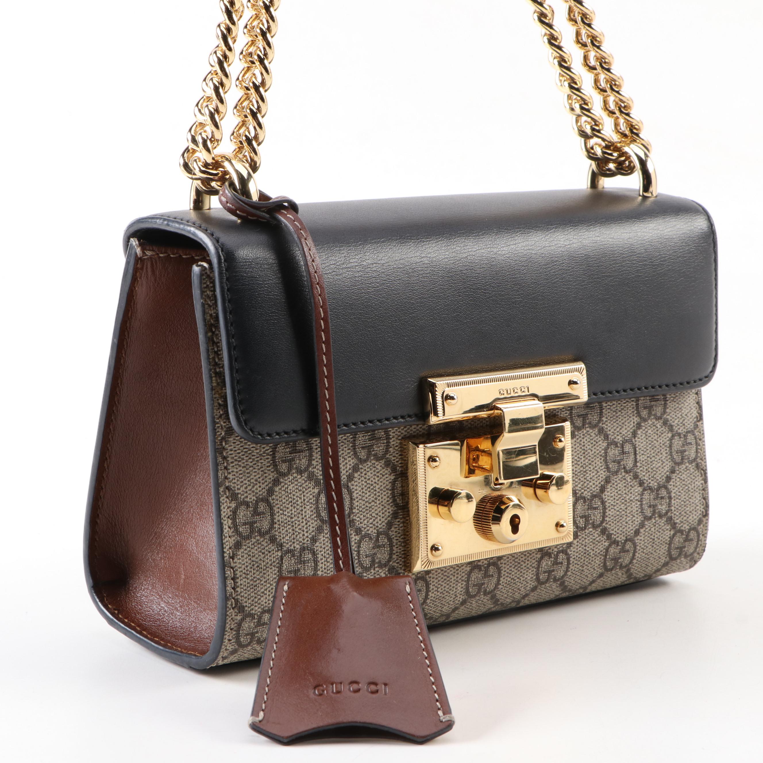 Gucci GG Supreme Small Padlock Shoulder Bag in Brown and Black Leather