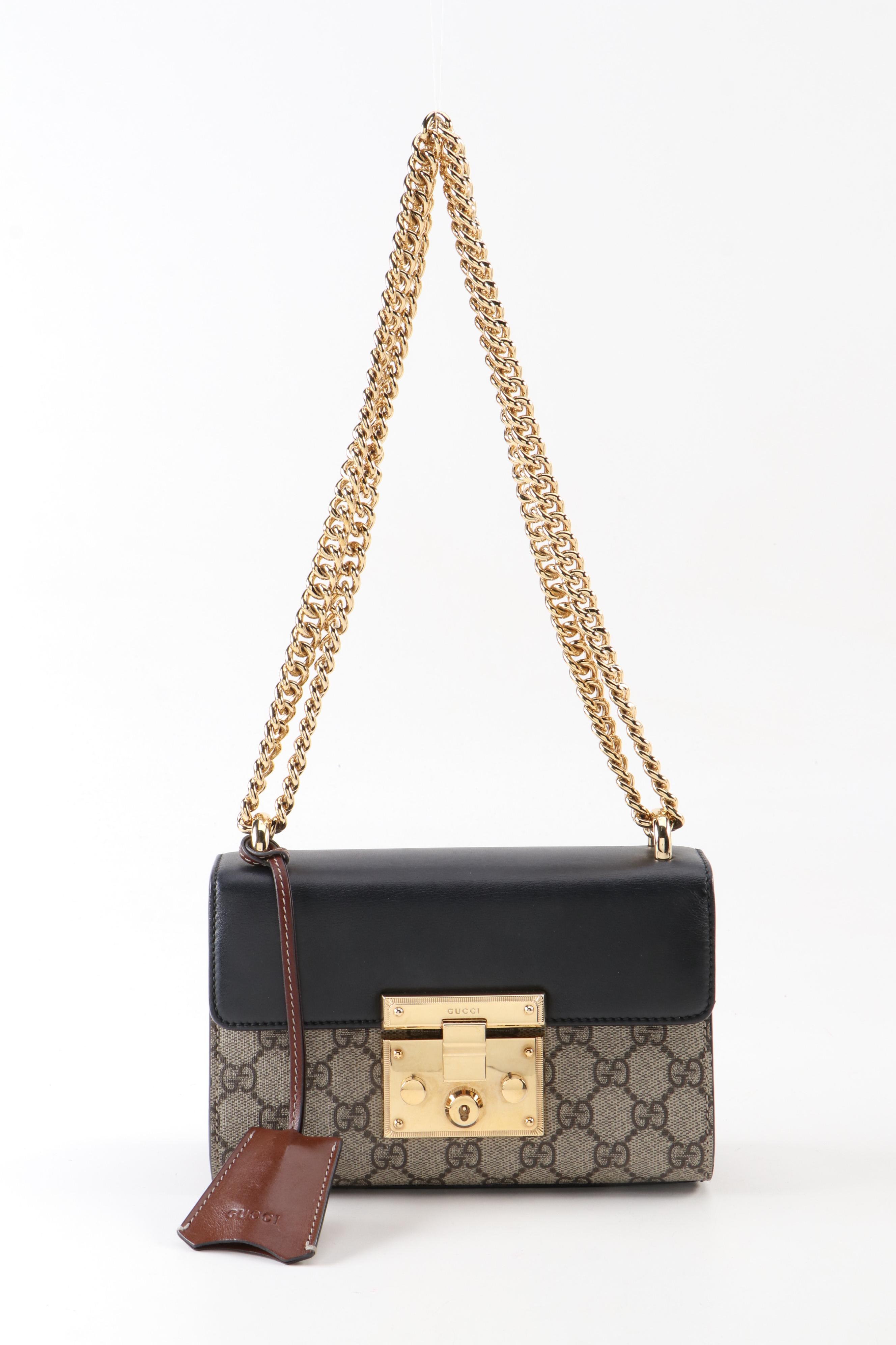 Gucci GG Supreme Small Padlock Shoulder Bag in Brown and Black Leather