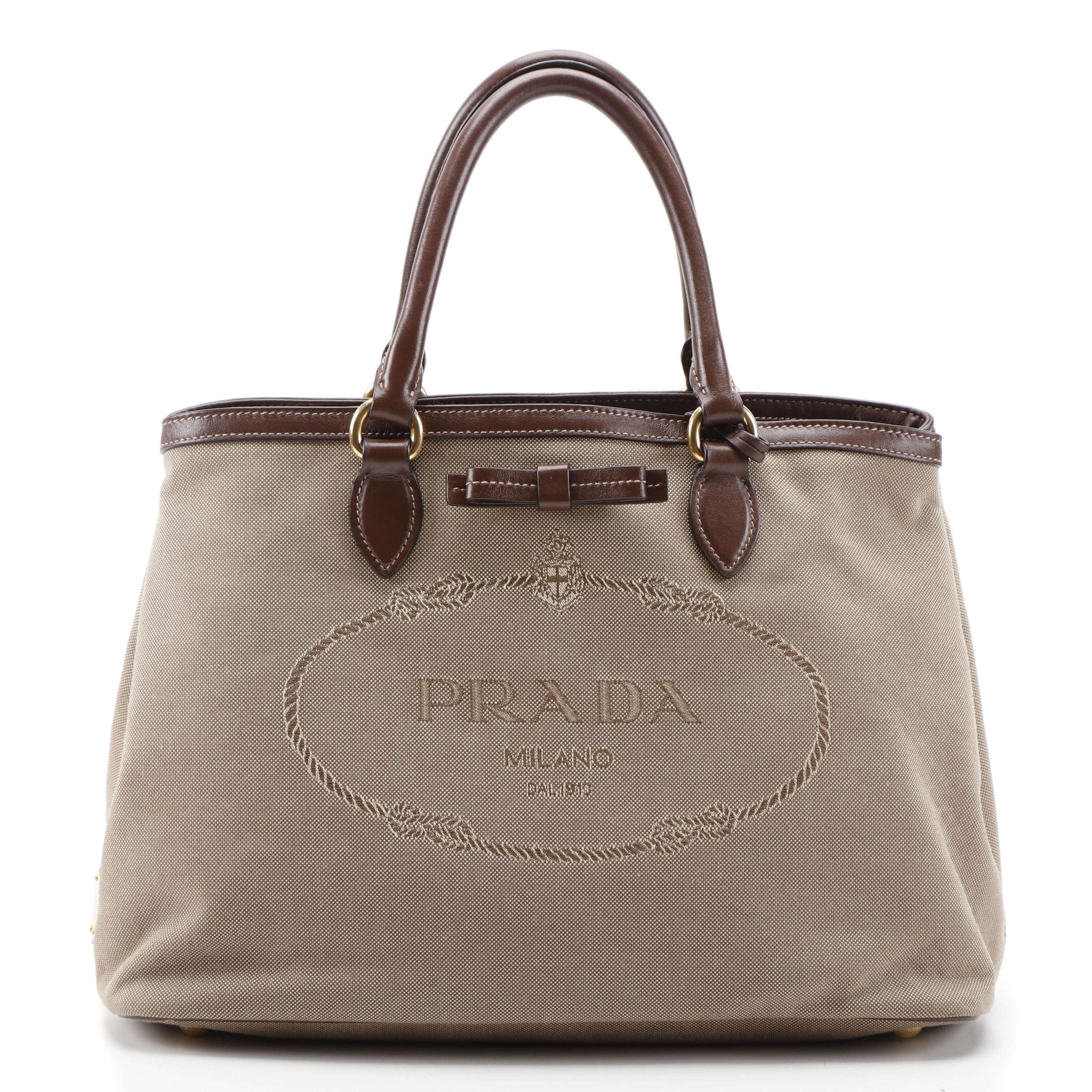 Prada Canapa Canvas and Brown Leather Two-Way Tote