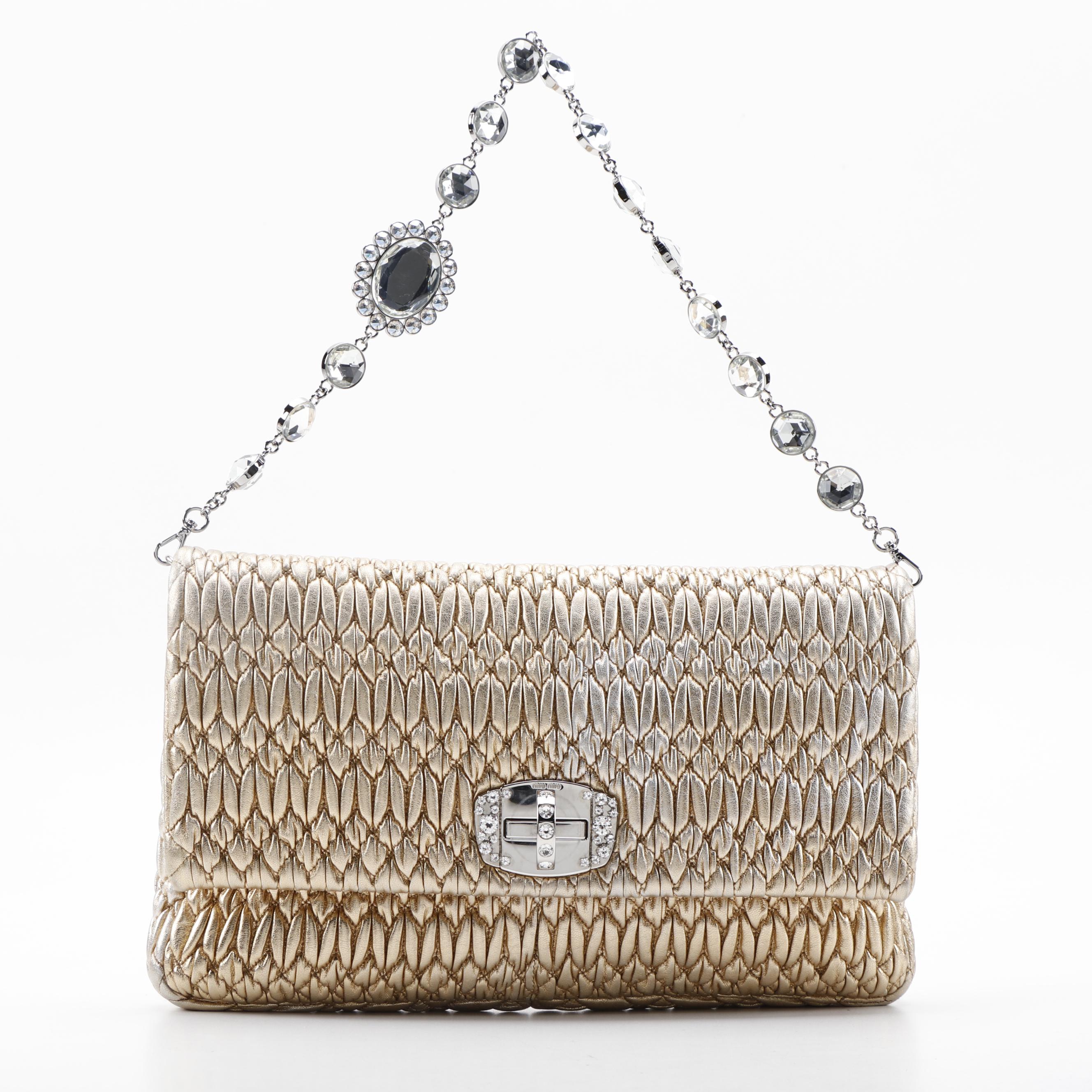 Miu Miu Crystal Metallic Matelassé Front Flap Shoulder Clutch