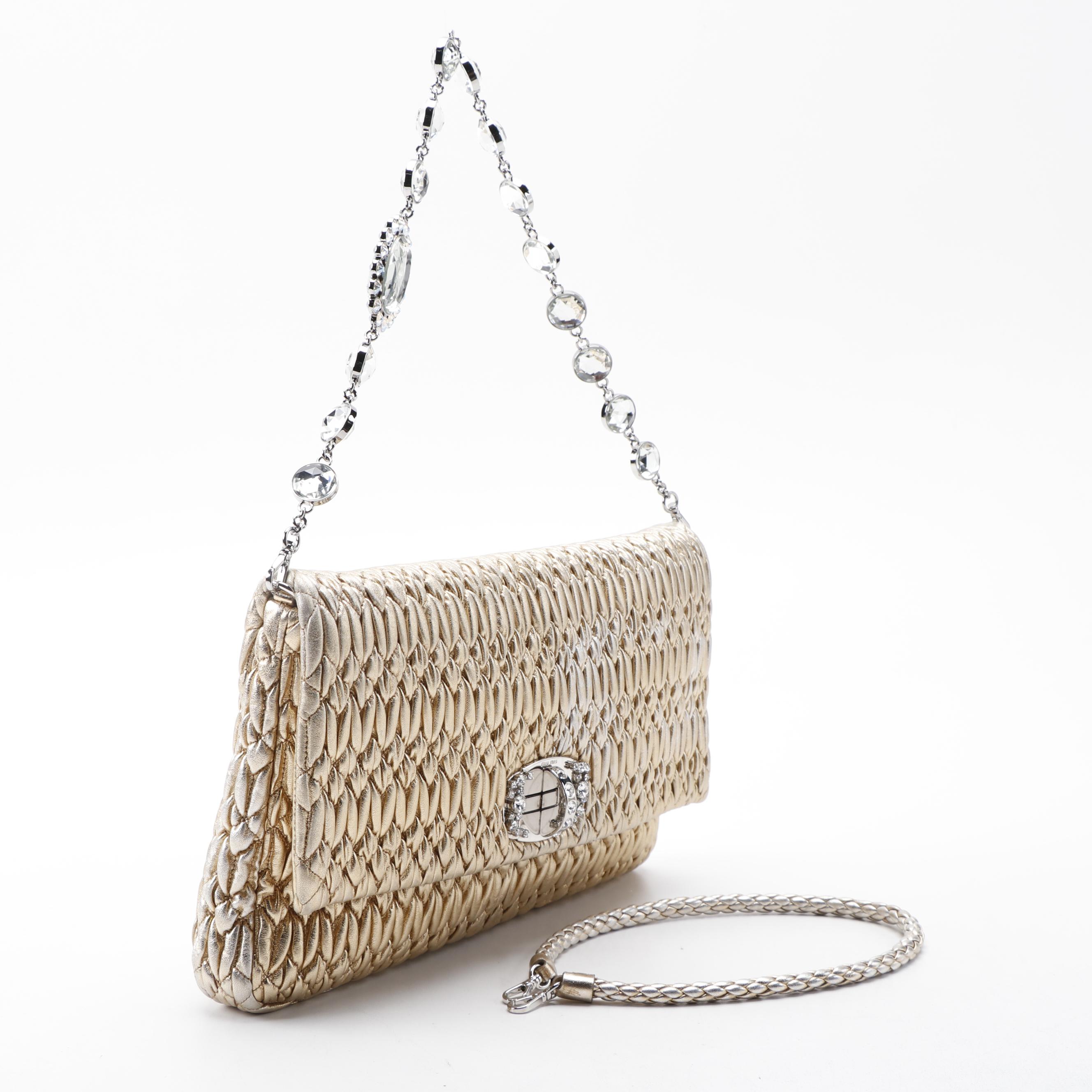 Miu Miu Crystal Metallic Matelassé Front Flap Shoulder Clutch