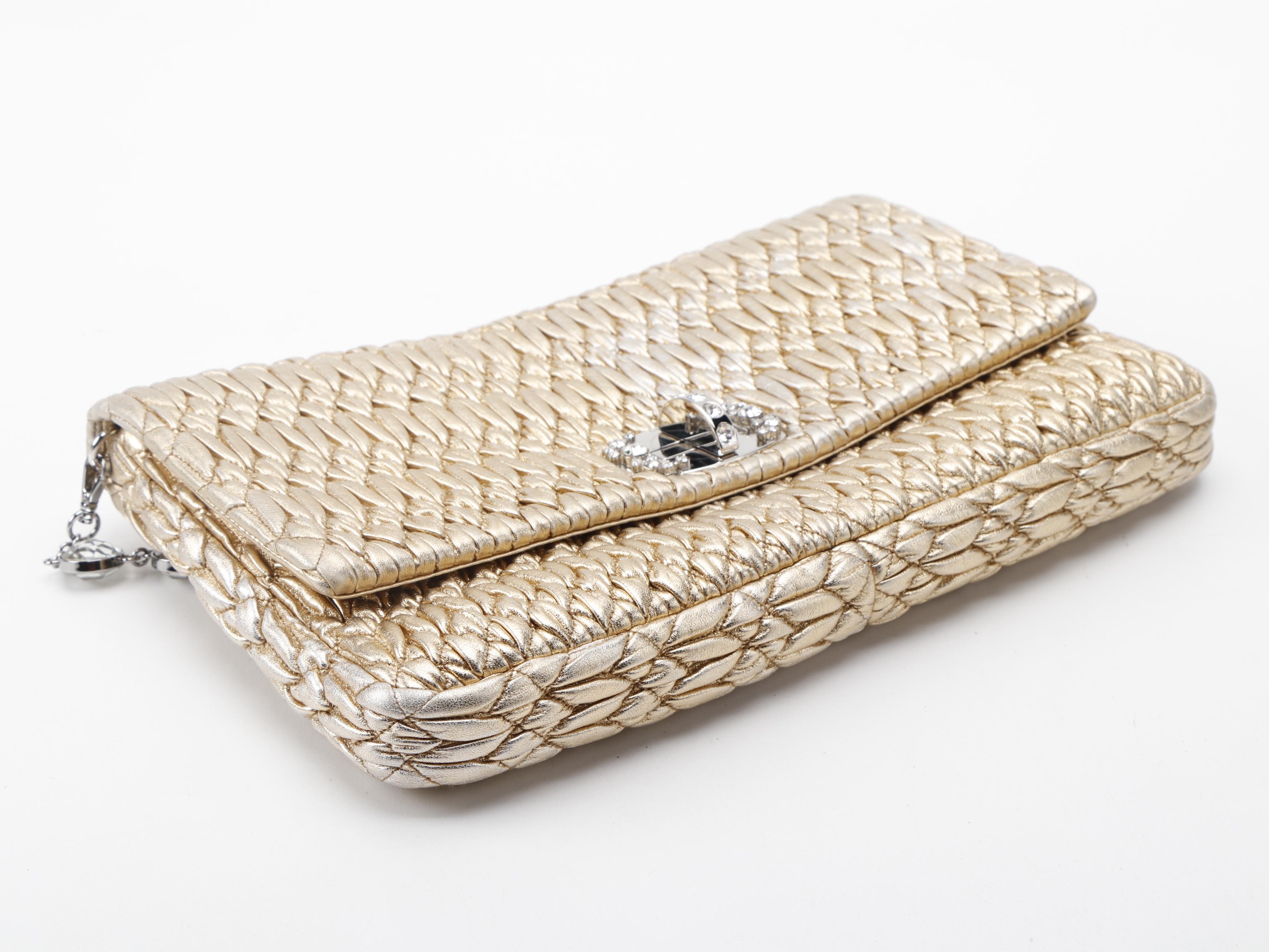 Miu Miu Crystal Metallic Matelassé Front Flap Shoulder Clutch