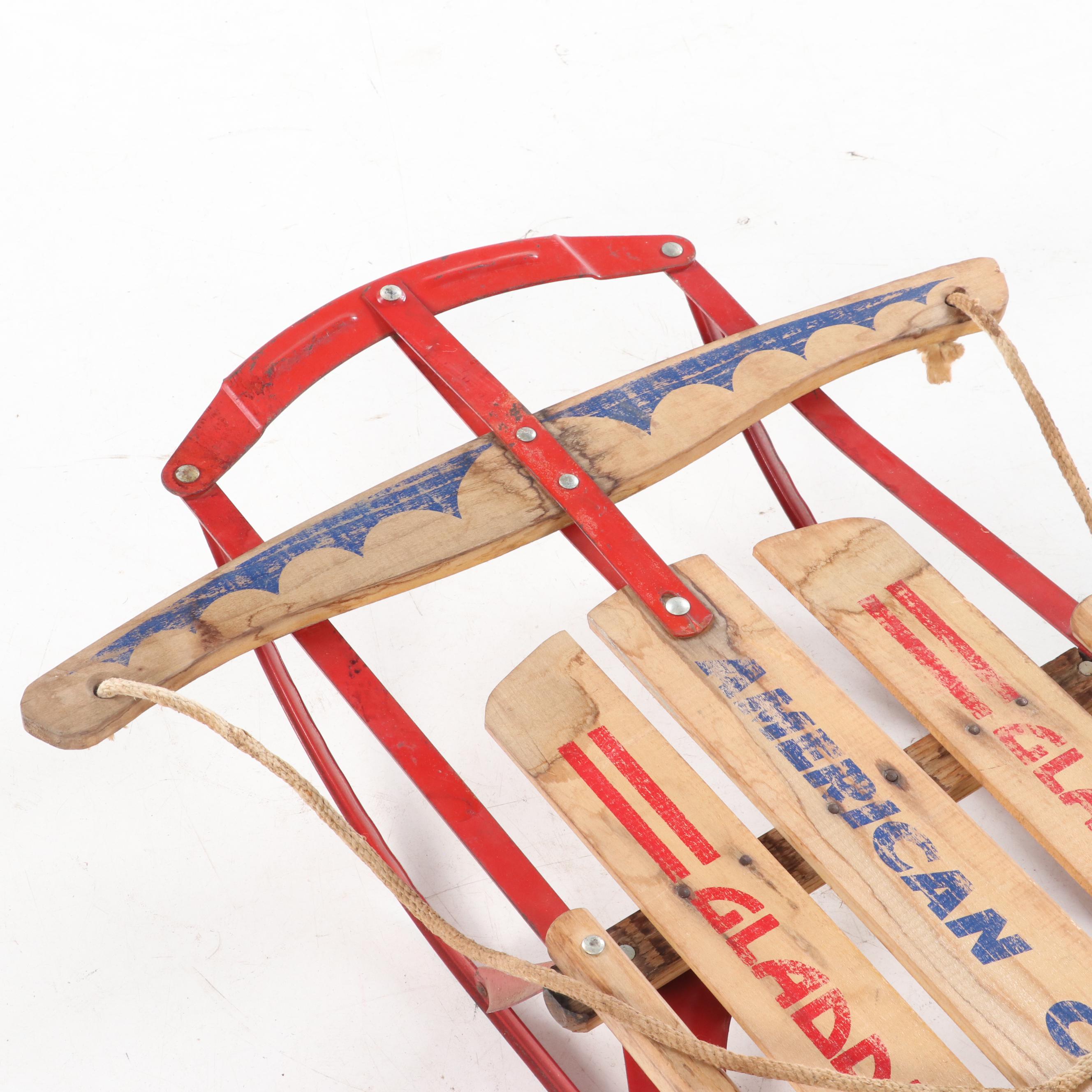 Gladding "American Clipper" Red-Painted Steel and Stenciled Wood Child's Sled