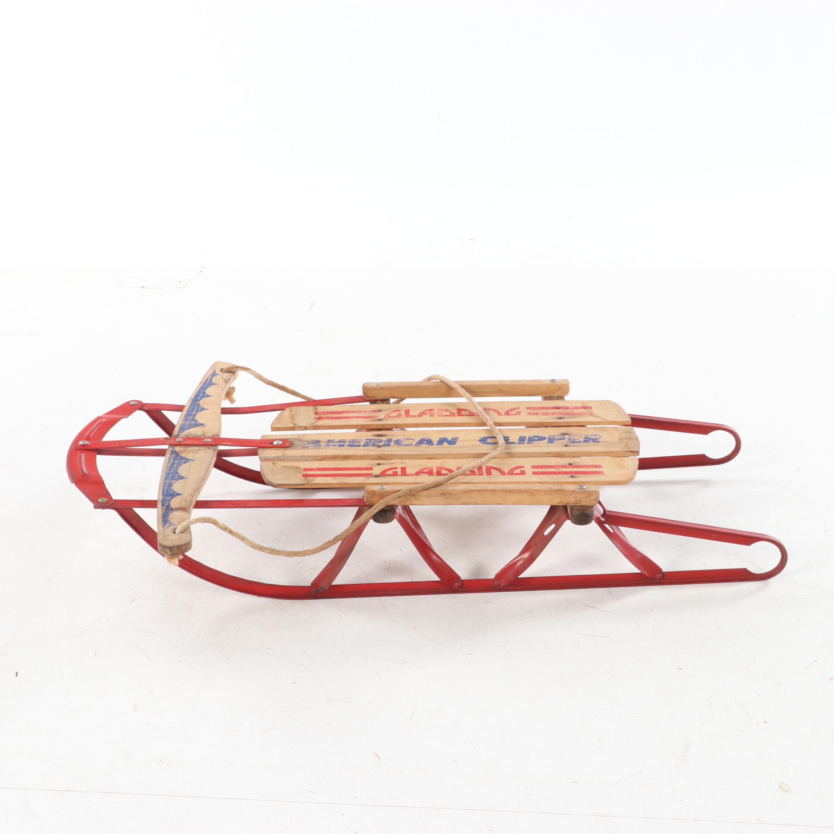 Gladding "American Clipper" Red-Painted Steel and Stenciled Wood Child's Sled