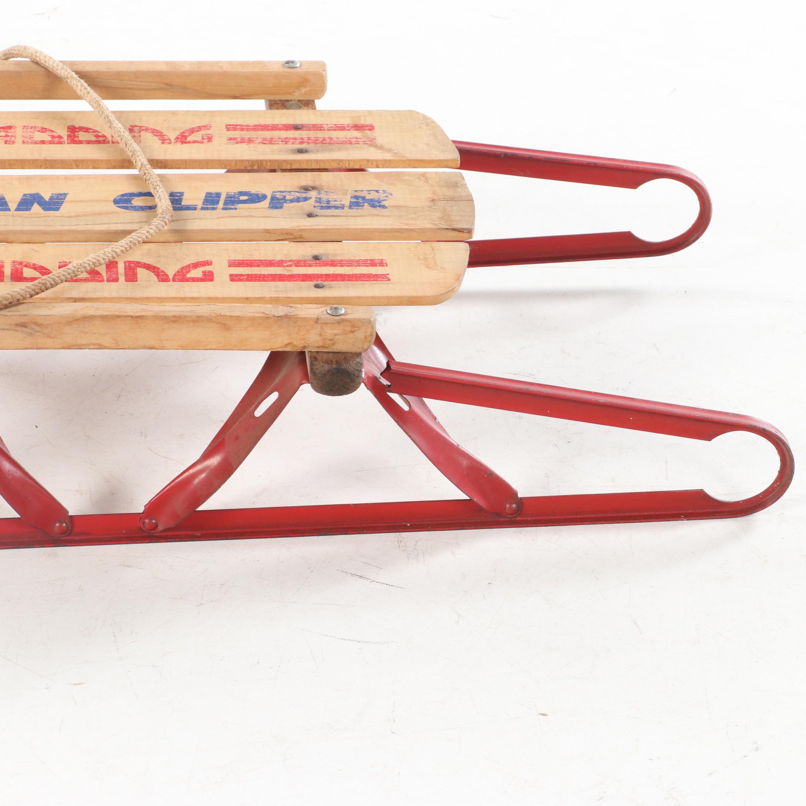 Gladding "American Clipper" Red-Painted Steel and Stenciled Wood Child's Sled