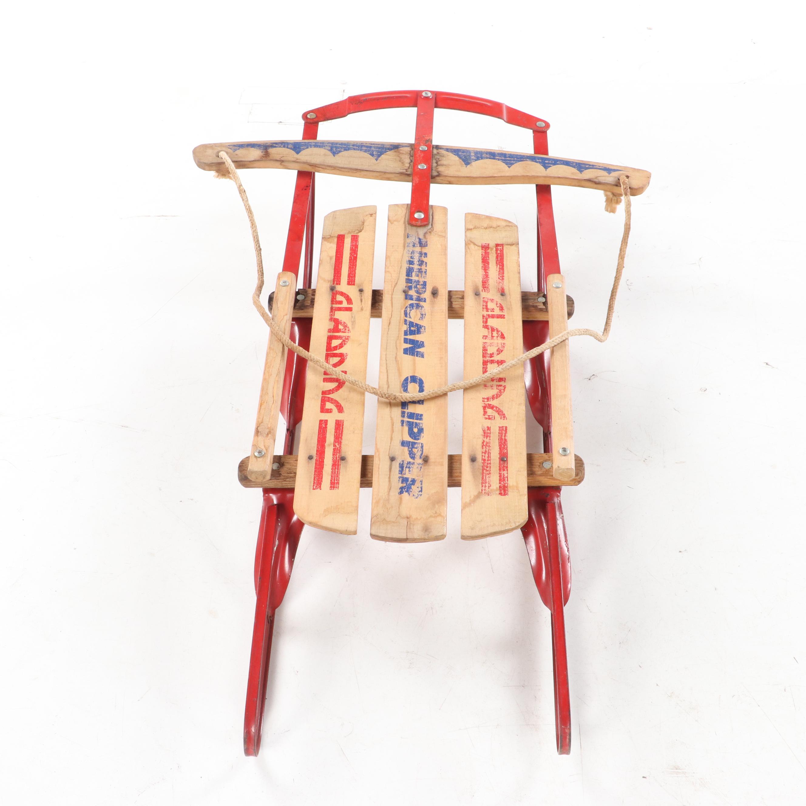 Gladding "American Clipper" Red-Painted Steel and Stenciled Wood Child's Sled