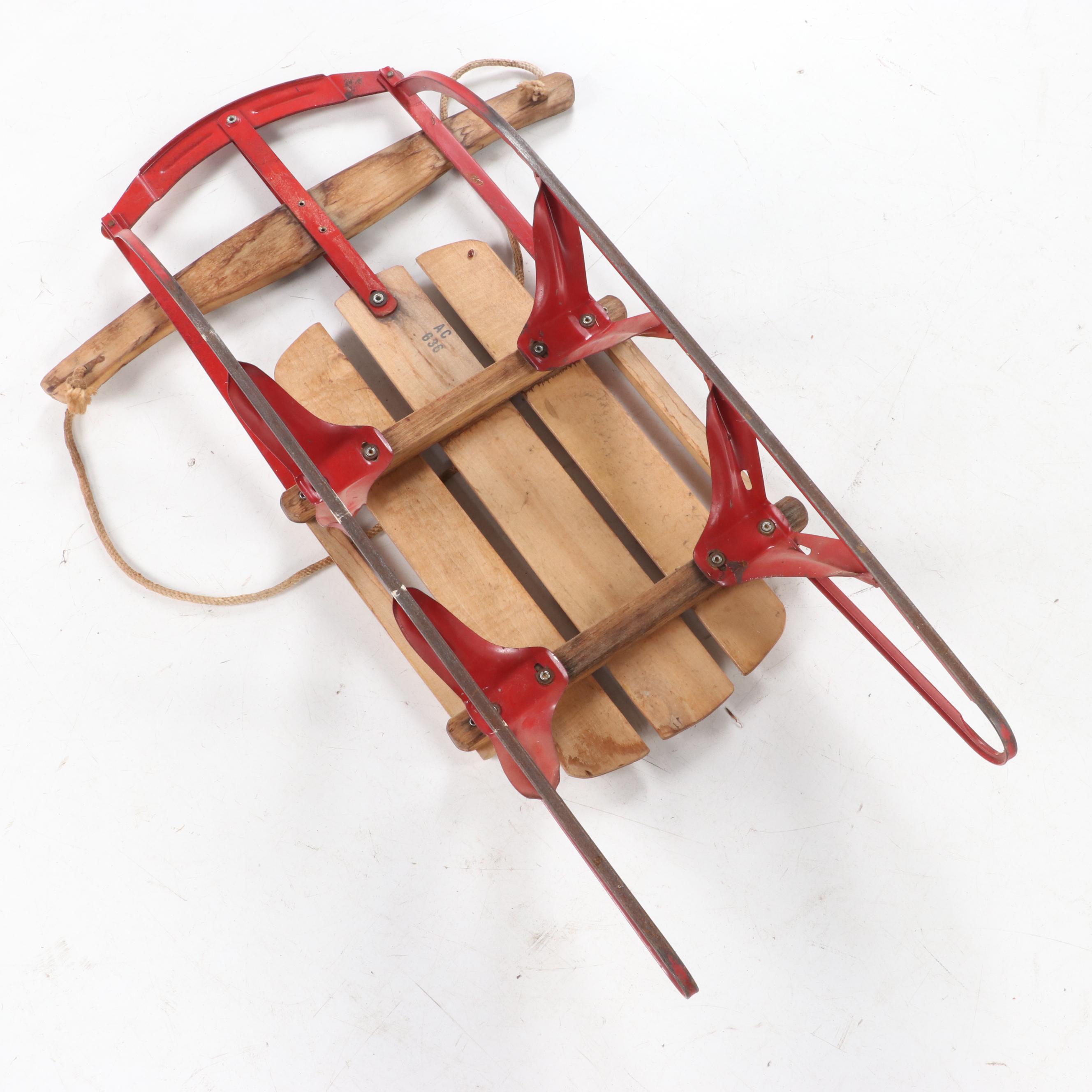Gladding "American Clipper" Red-Painted Steel and Stenciled Wood Child's Sled