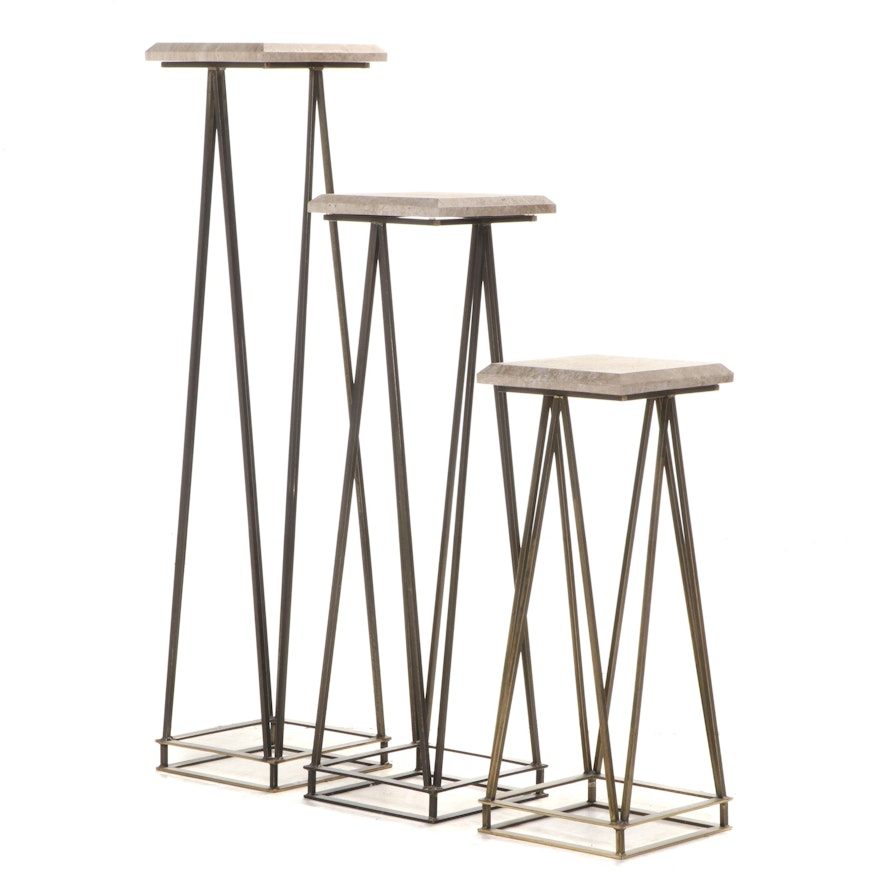 Industrial Style Metal and Travertine Top Graduated Table Stands