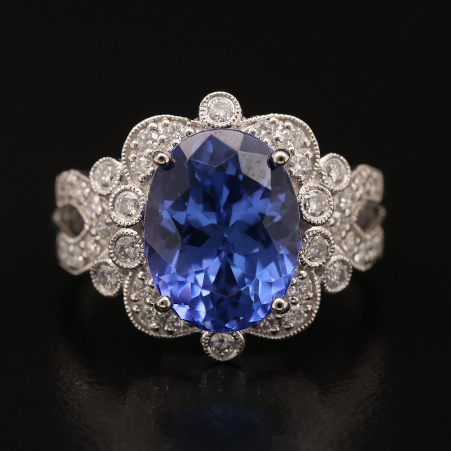 Platinum 5.15 CT Tanzanite and Diamond Ring with Scalloped Trim