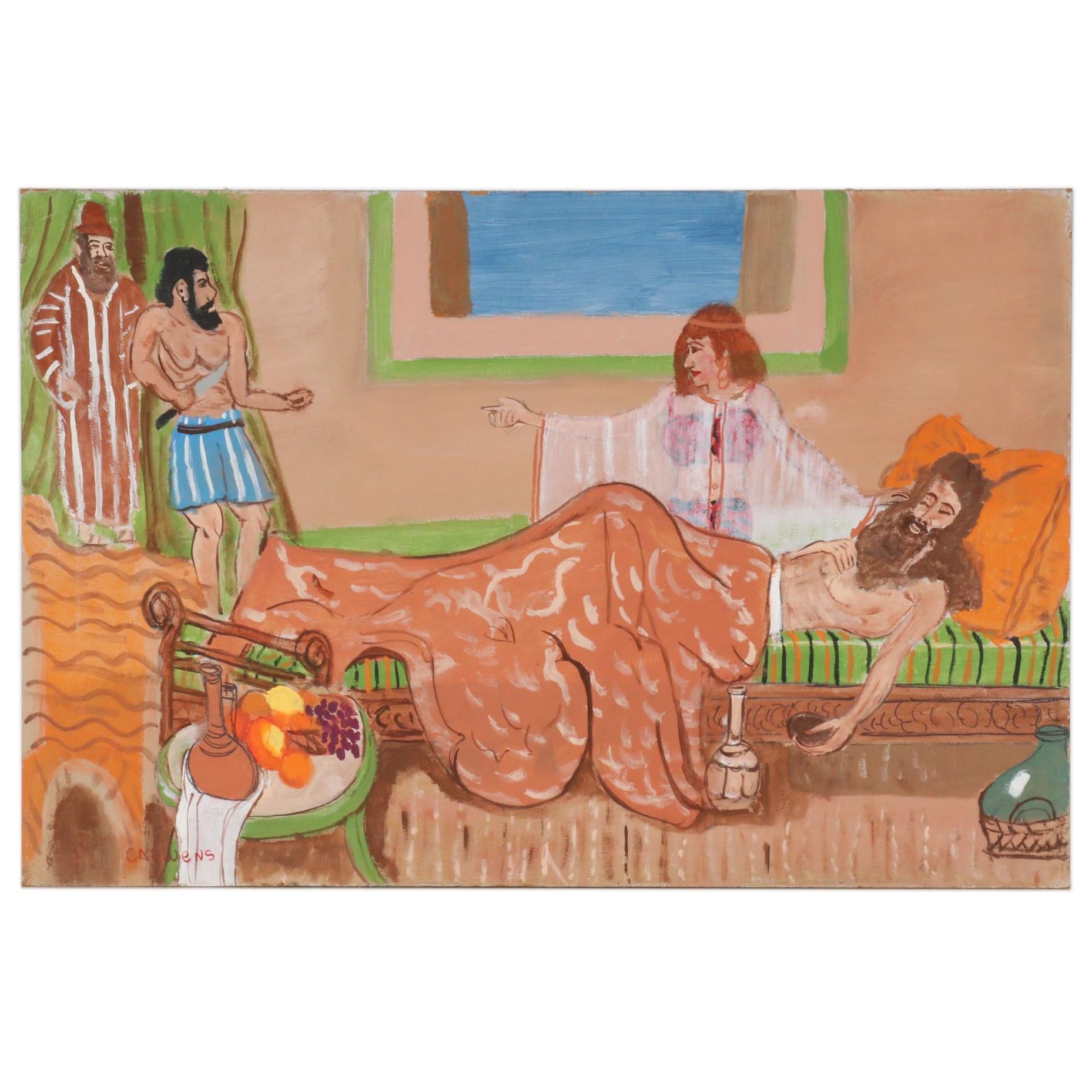 Charles A. Owens Folk Art Acrylic Painting of Samson and Delilah