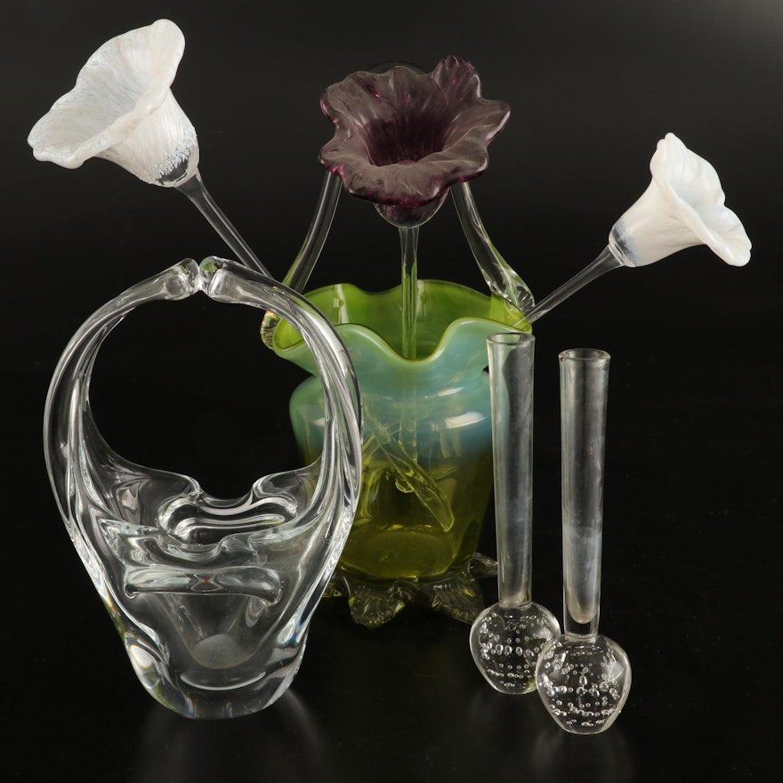 Blown Glass Basket Vases, Controlled Bubble Bud Vases, and Flowers