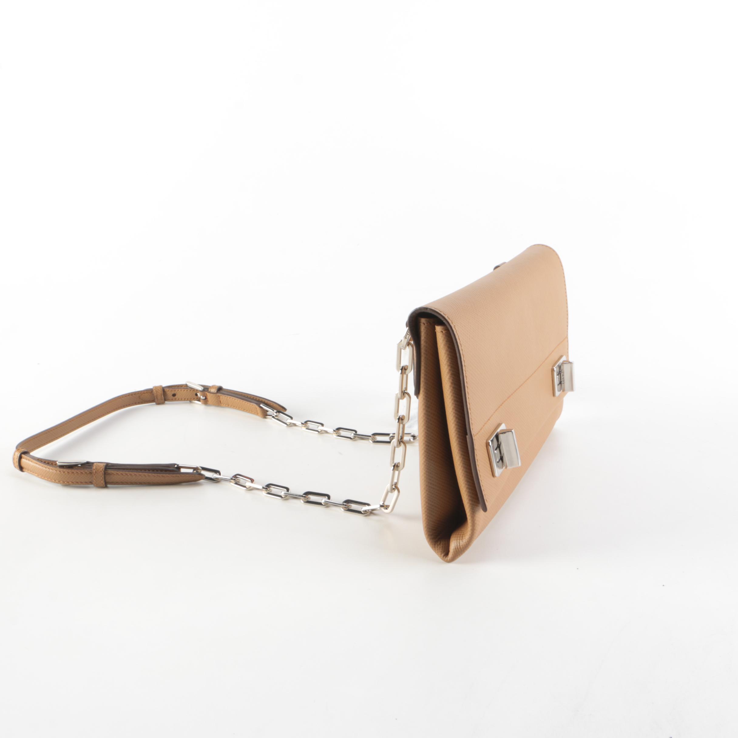 Prada Double Turn Lock Shoulder Bag in Brown Saffiano Leather with Chain Strap