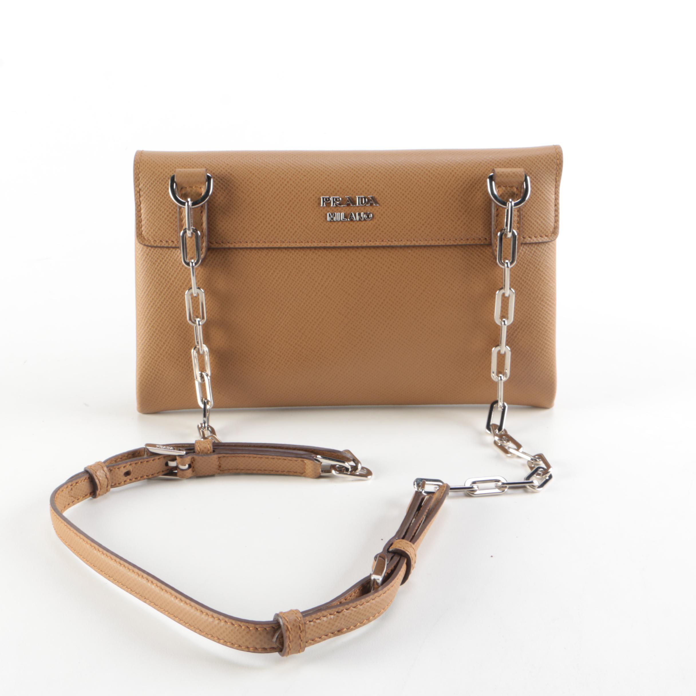 Prada Double Turn Lock Shoulder Bag in Brown Saffiano Leather with Chain Strap