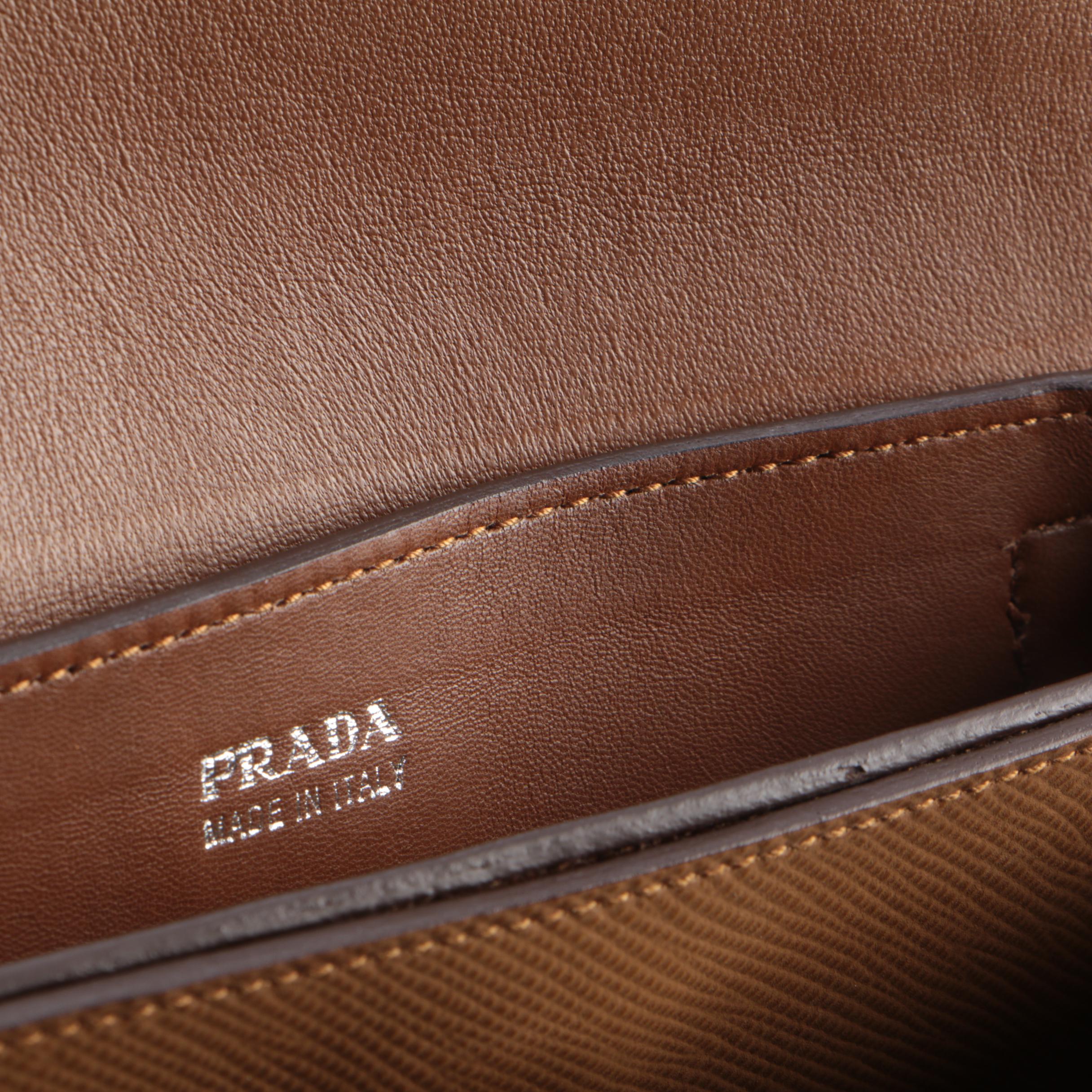 Prada Double Turn Lock Shoulder Bag in Brown Saffiano Leather with Chain Strap