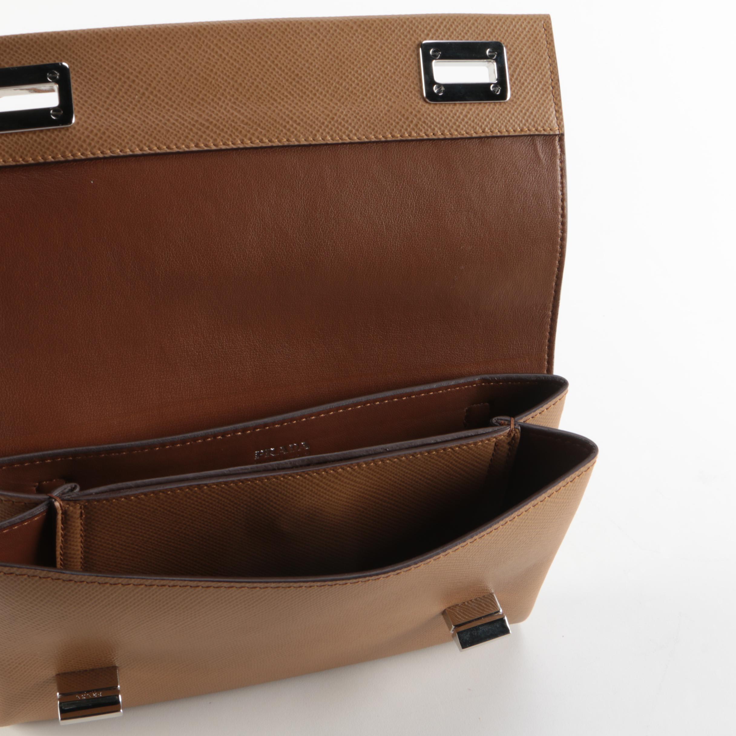 Prada Double Turn Lock Shoulder Bag in Brown Saffiano Leather with Chain Strap