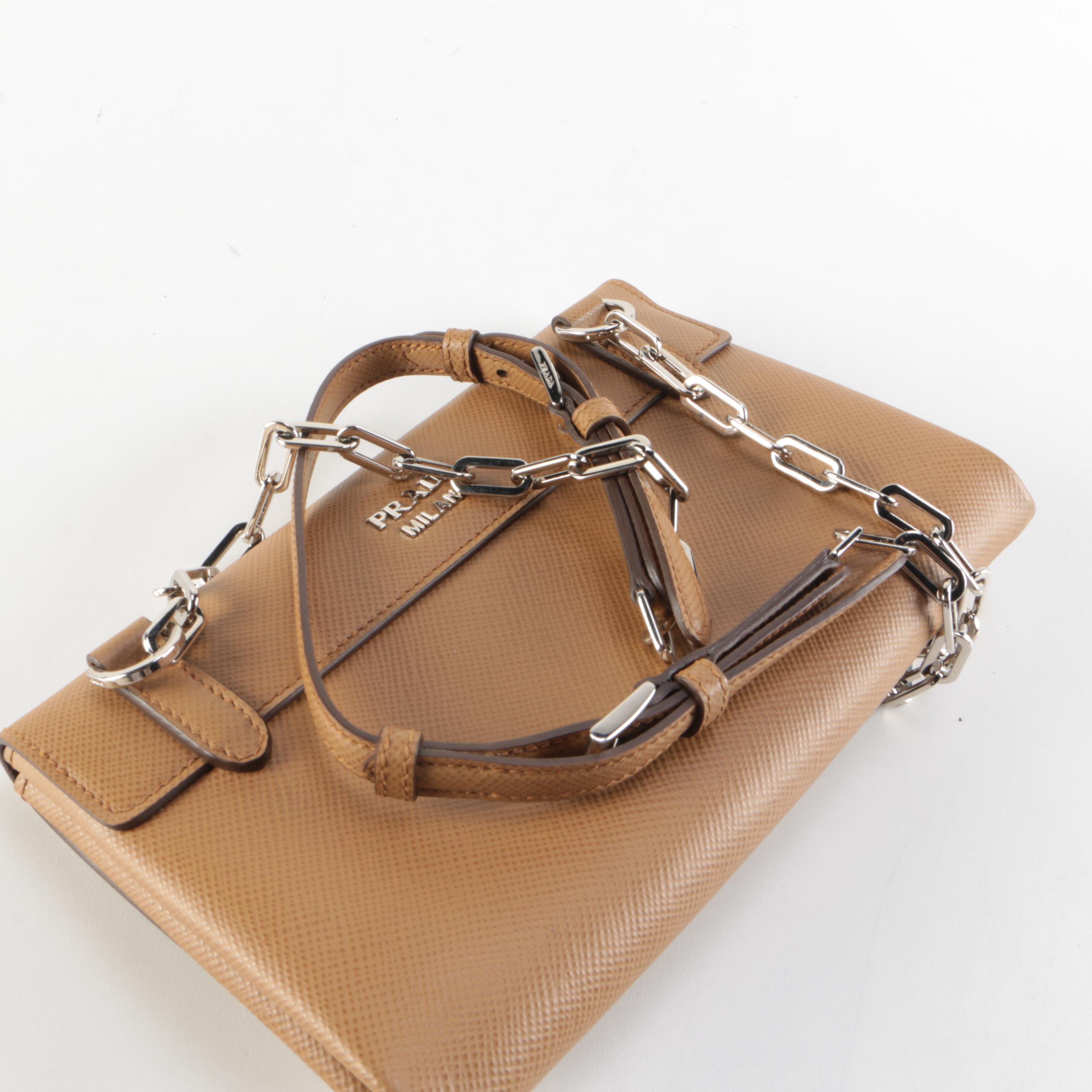 Prada Double Turn Lock Shoulder Bag in Brown Saffiano Leather with Chain Strap