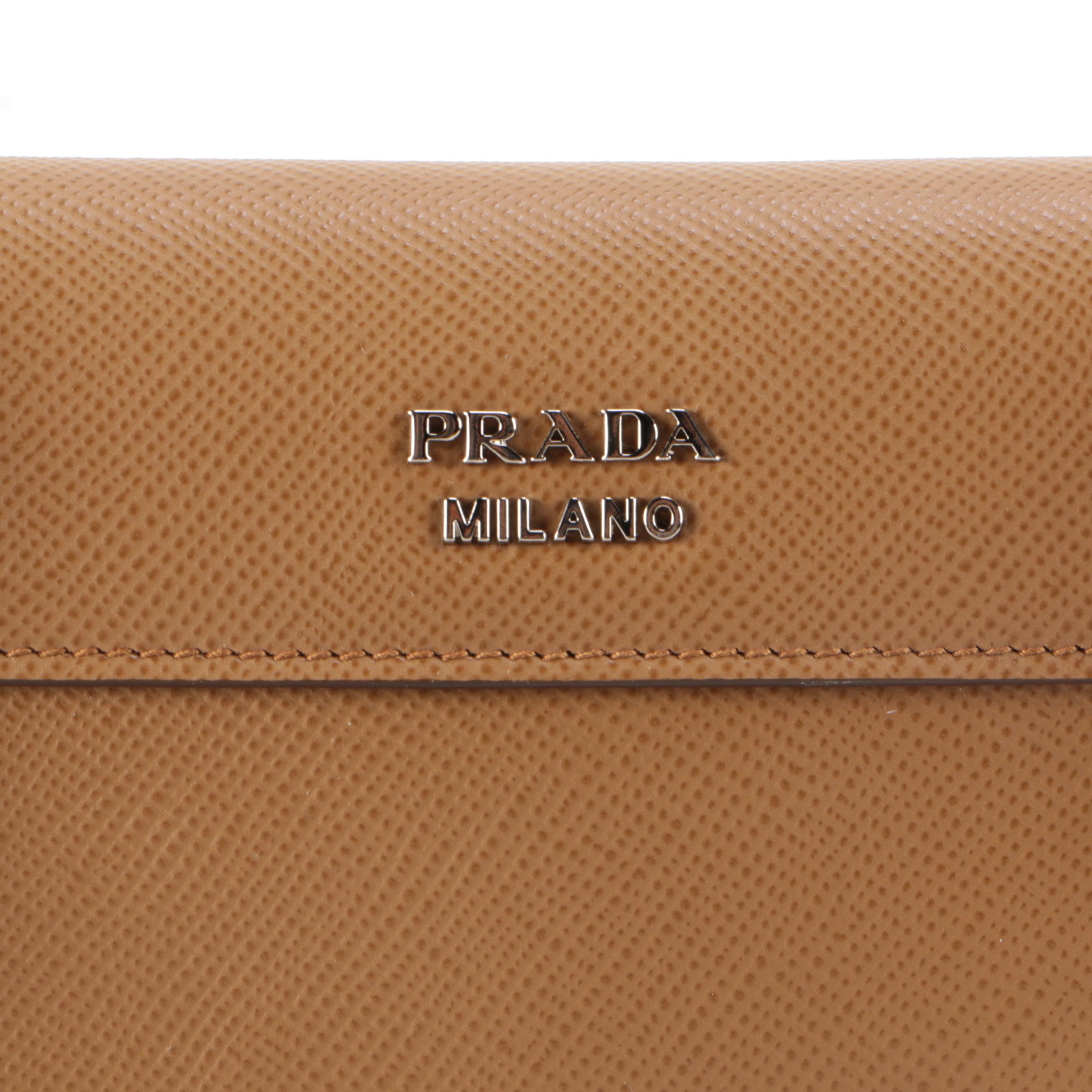 Prada Double Turn Lock Shoulder Bag in Brown Saffiano Leather with Chain Strap