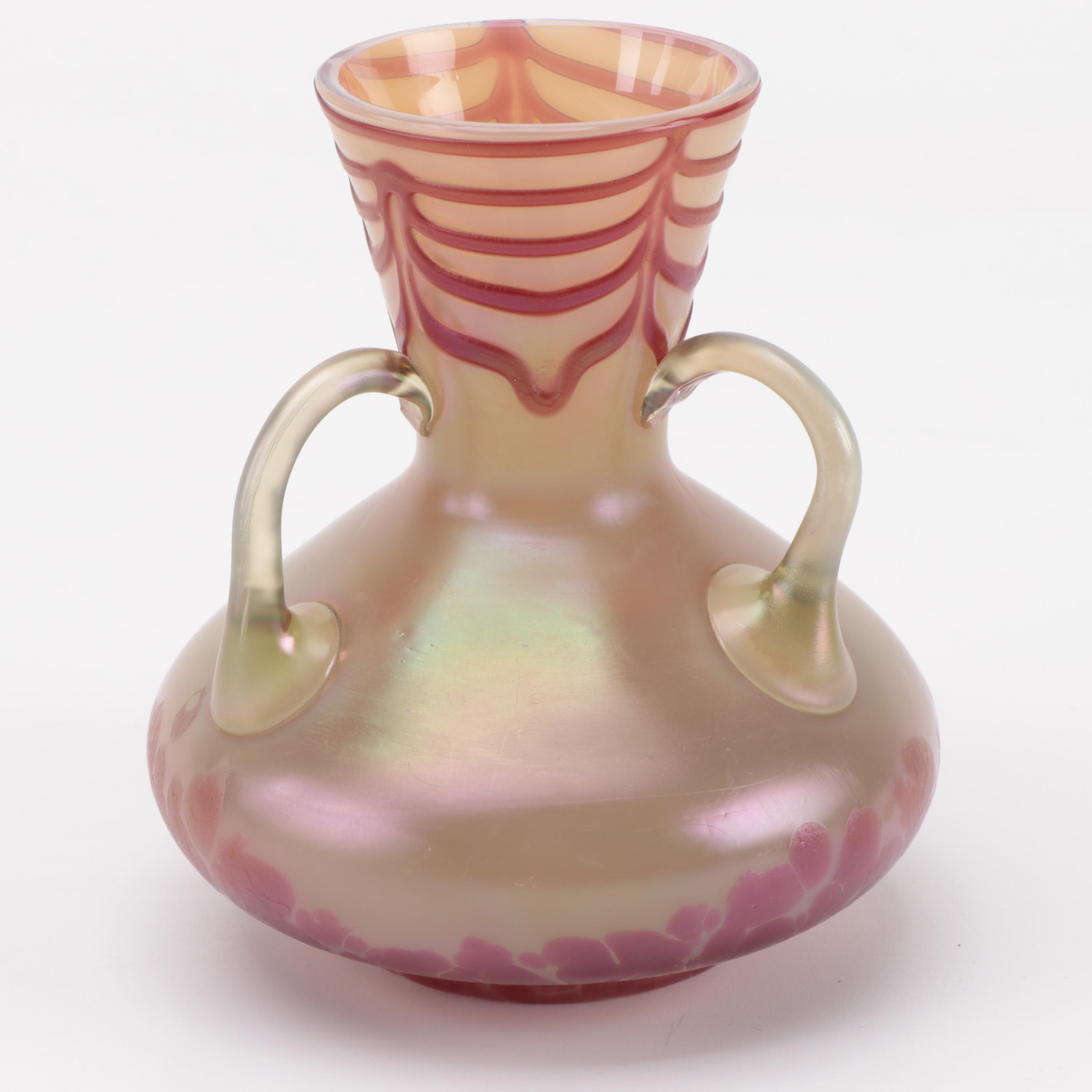 Bohemian Art Nouveau Three-Handled Feather and Iridescent Glass Vase