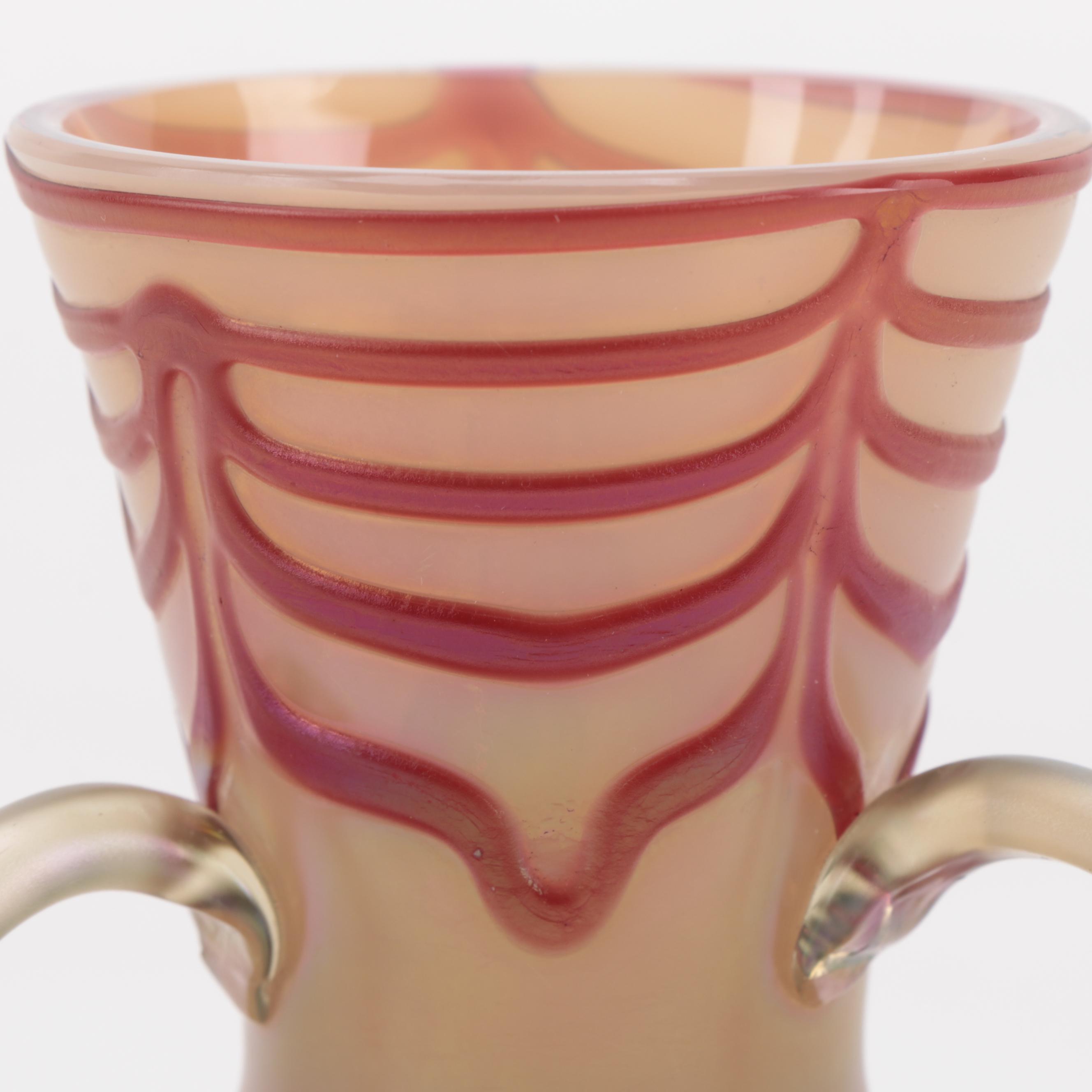 Bohemian Art Nouveau Three-Handled Feather and Iridescent Glass Vase