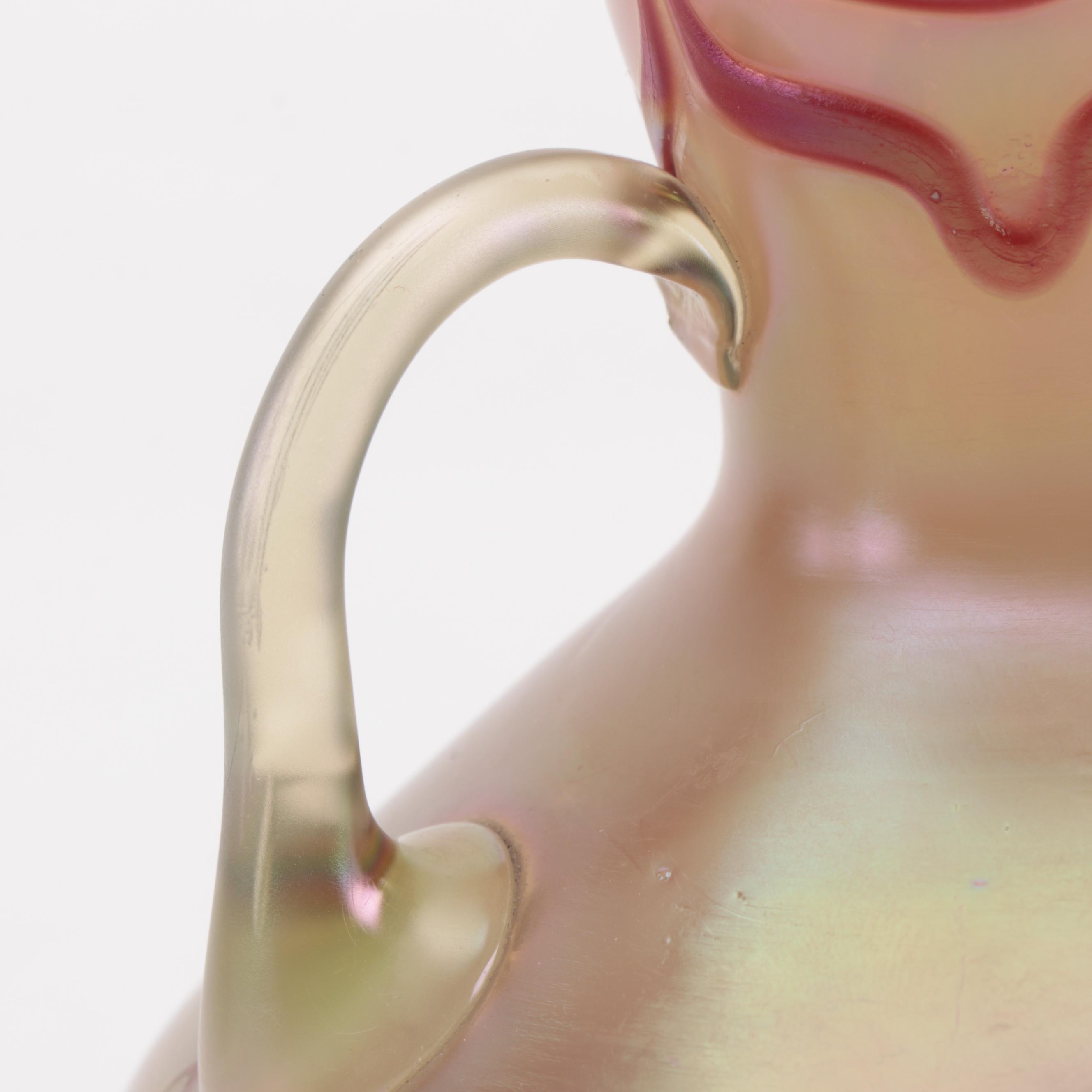 Bohemian Art Nouveau Three-Handled Feather and Iridescent Glass Vase