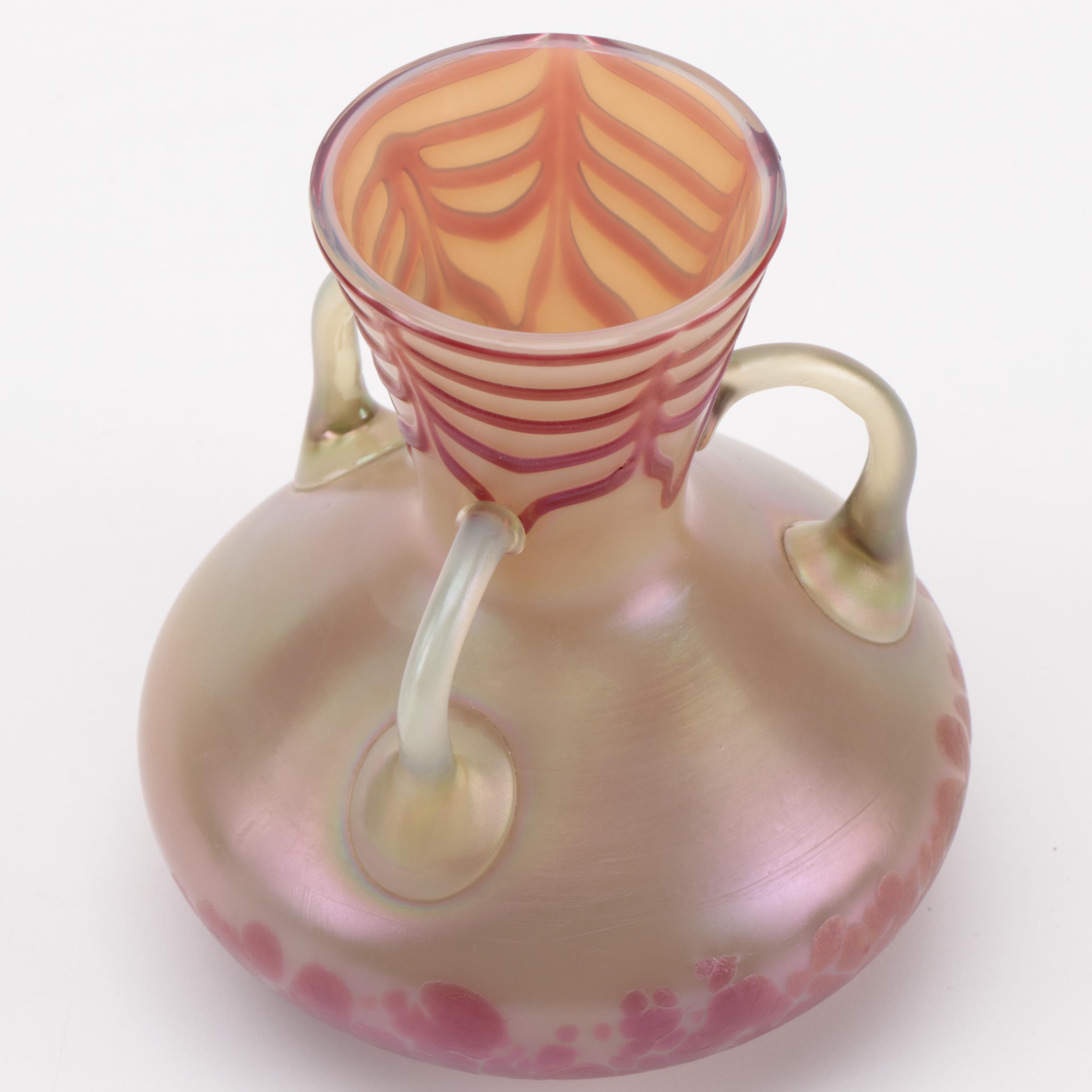 Bohemian Art Nouveau Three-Handled Feather and Iridescent Glass Vase