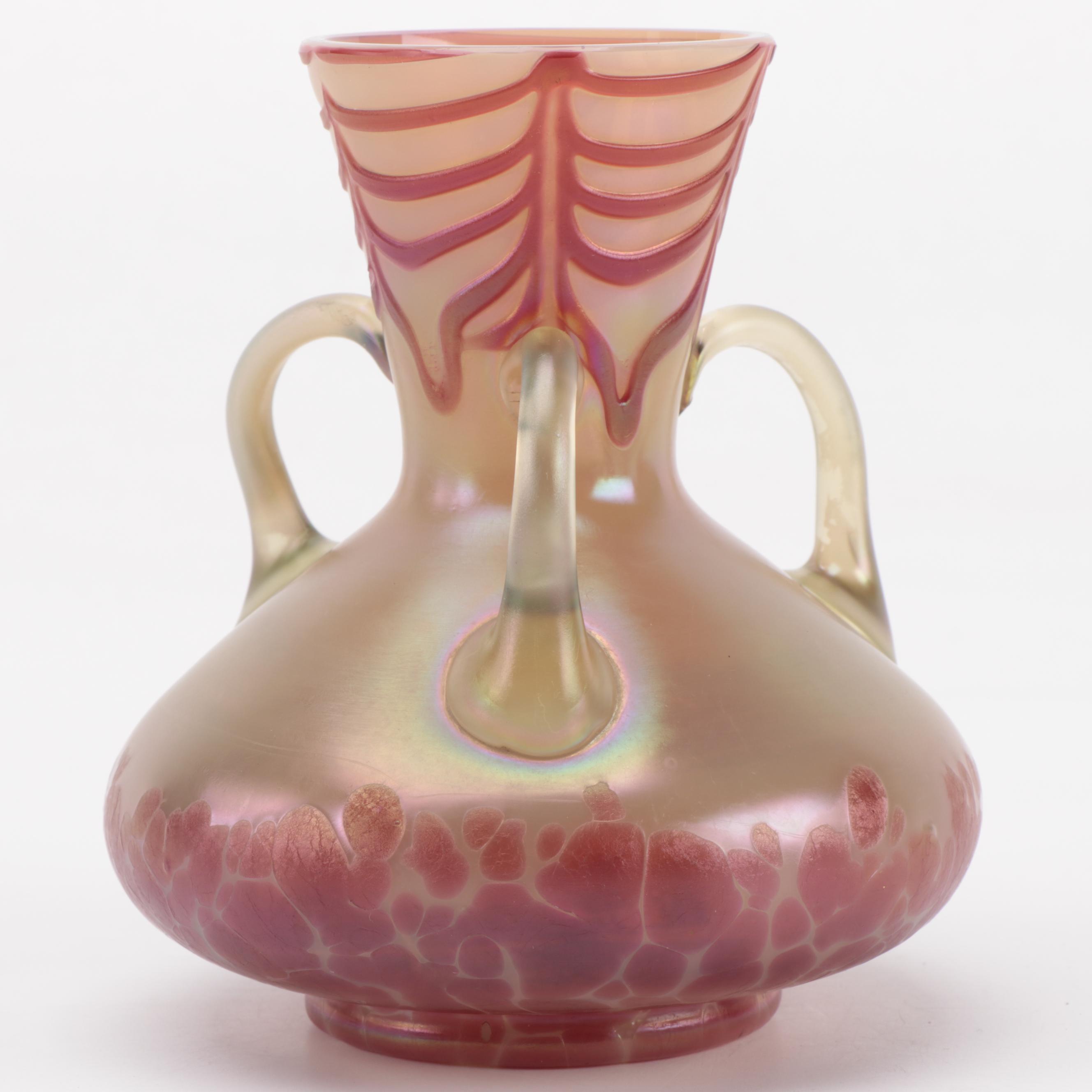 Bohemian Art Nouveau Three-Handled Feather and Iridescent Glass Vase