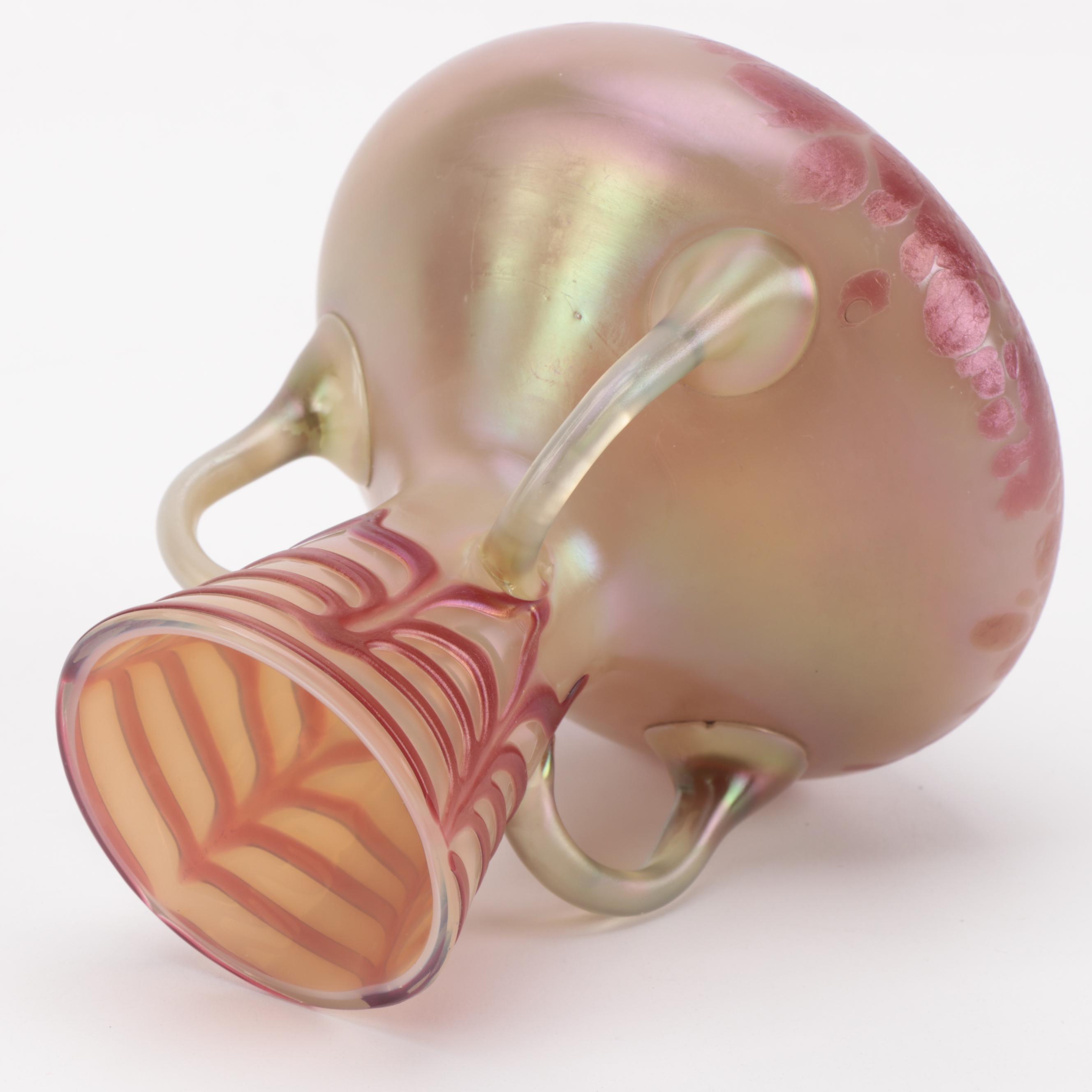 Bohemian Art Nouveau Three-Handled Feather and Iridescent Glass Vase