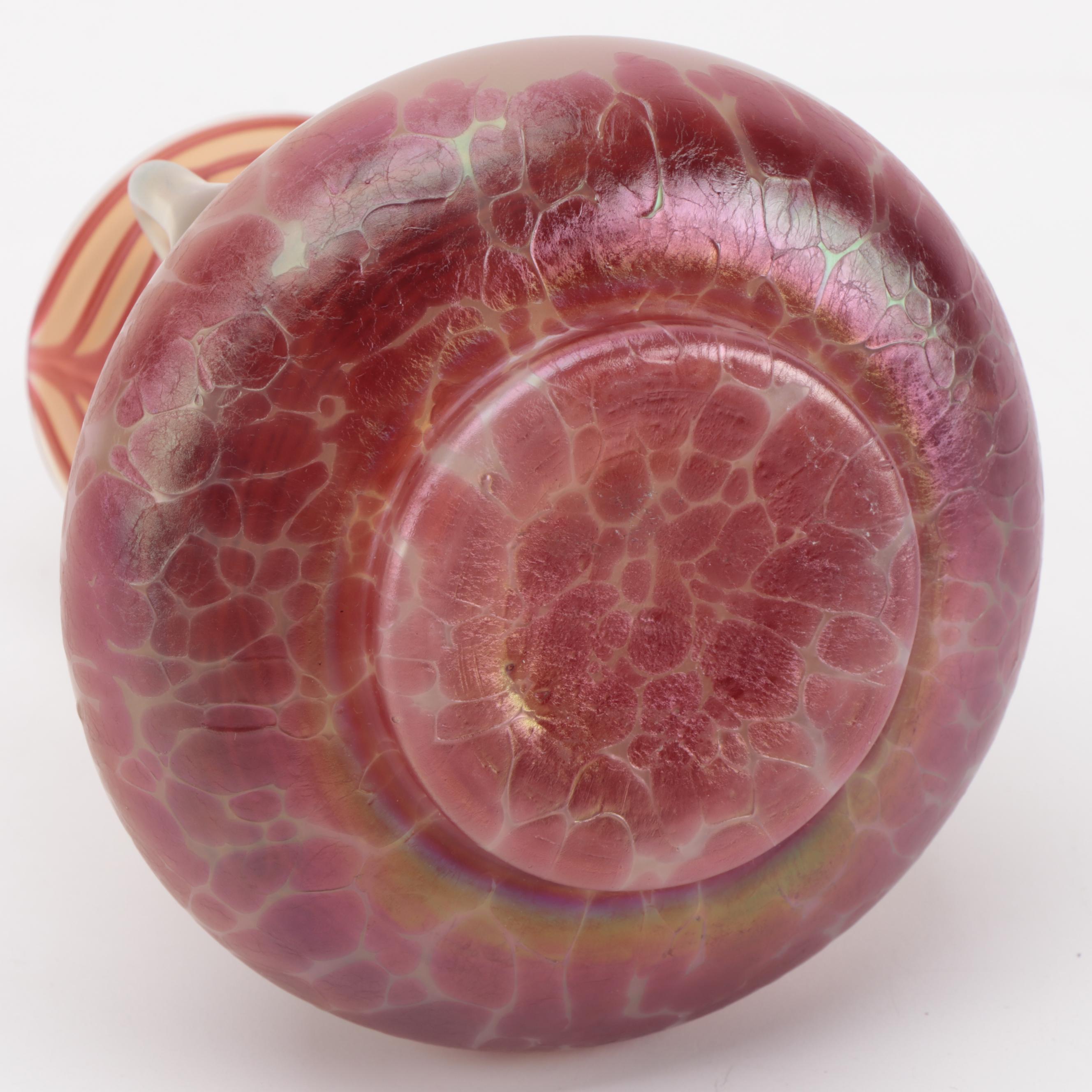 Bohemian Art Nouveau Three-Handled Feather and Iridescent Glass Vase