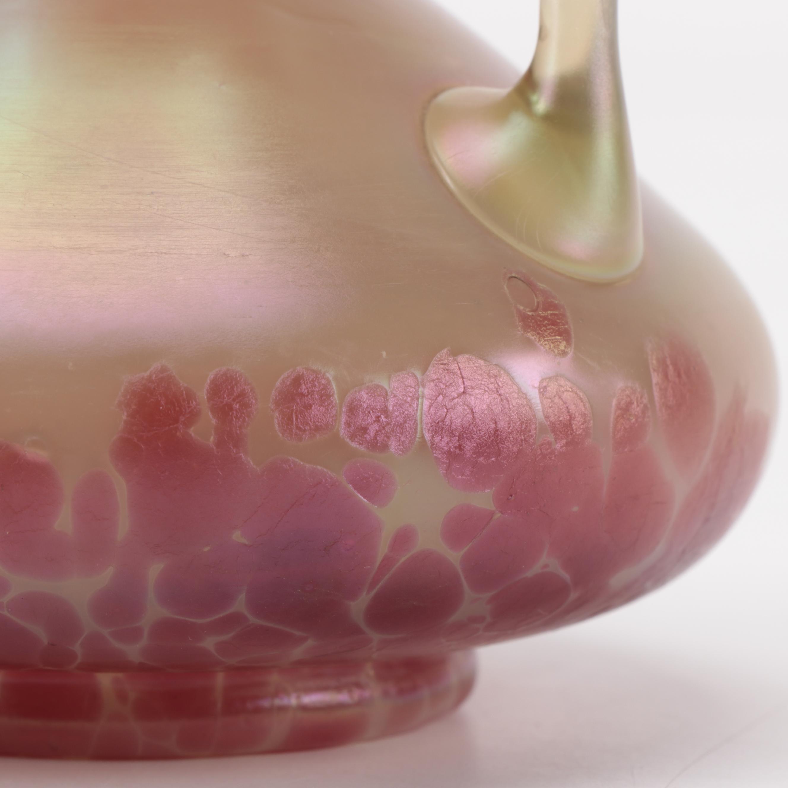 Bohemian Art Nouveau Three-Handled Feather and Iridescent Glass Vase