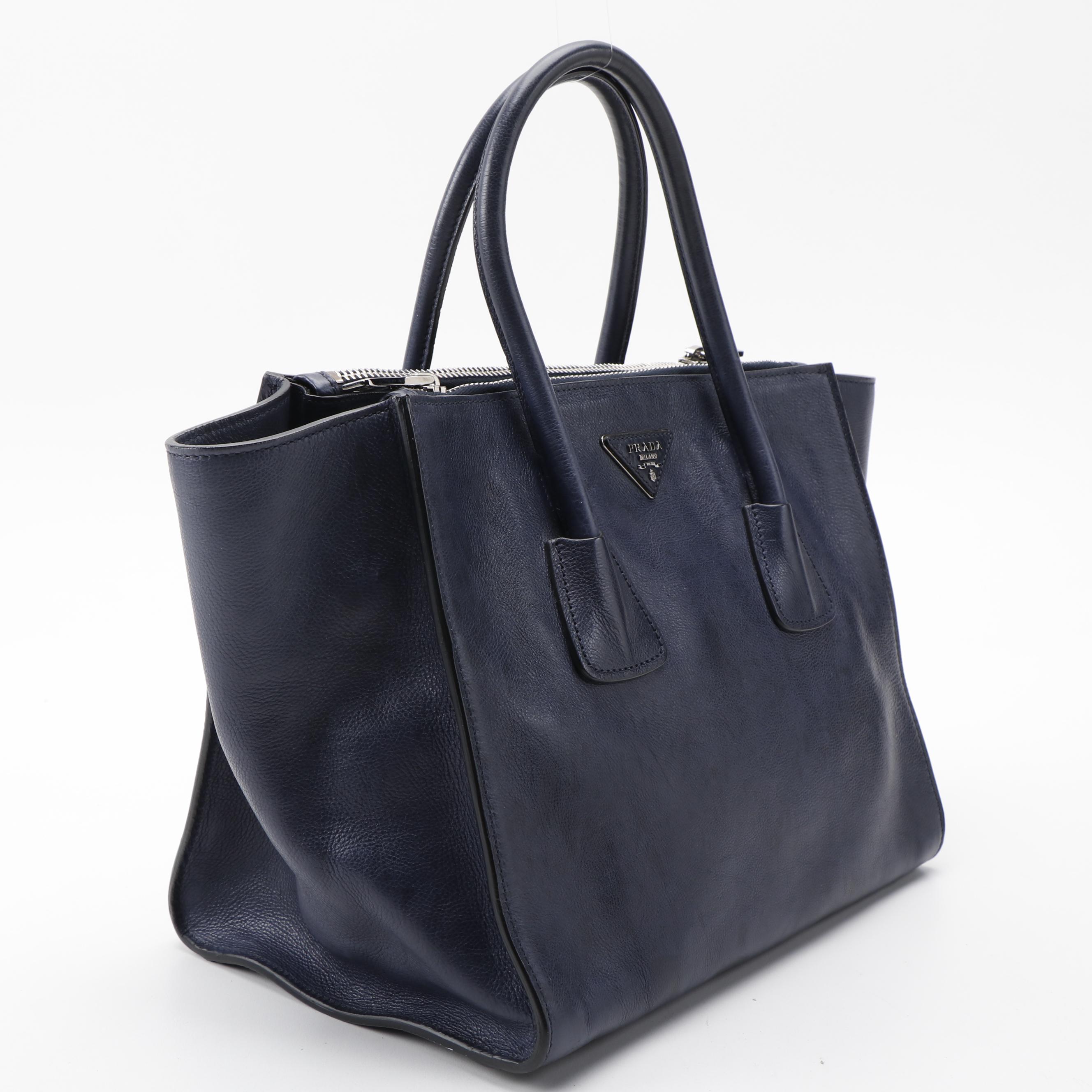 Prada Twin Pocket Tote Bag in Navy Calfskin Leather