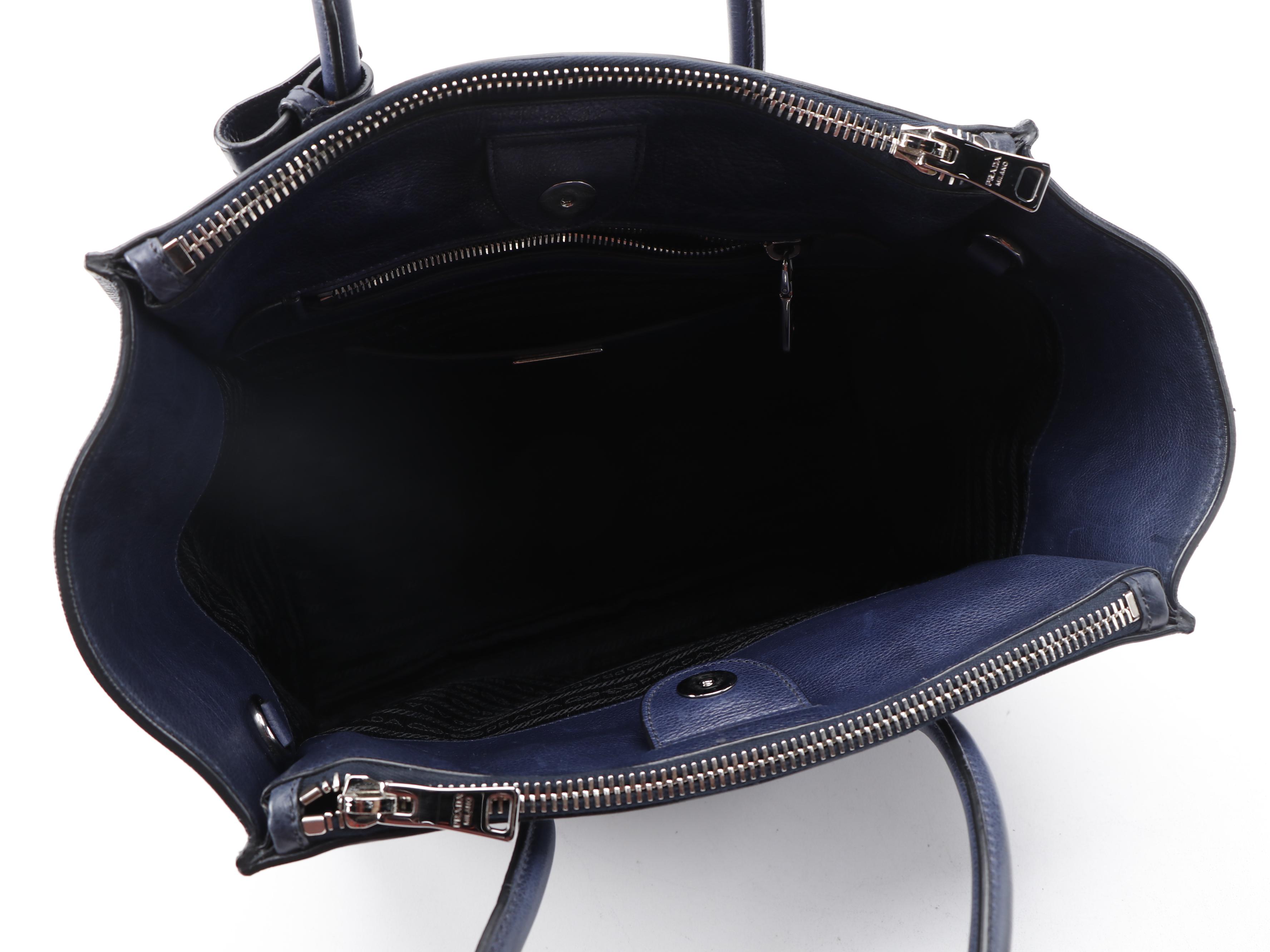 Prada Twin Pocket Tote Bag in Navy Calfskin Leather