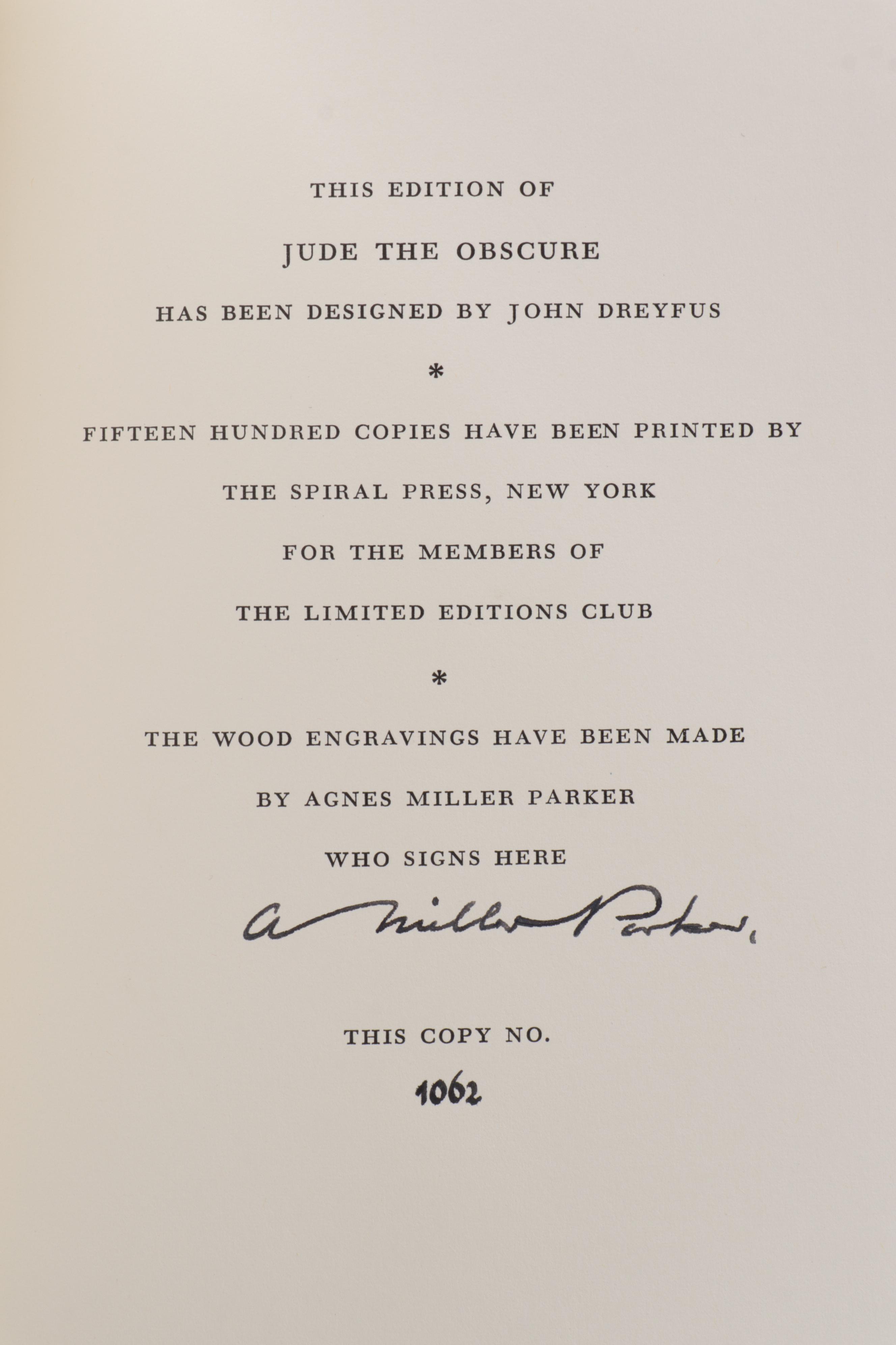 A. Miller Parker Signed Limited Edition "Jude the Obscure" by Thomas Hardy, 1969