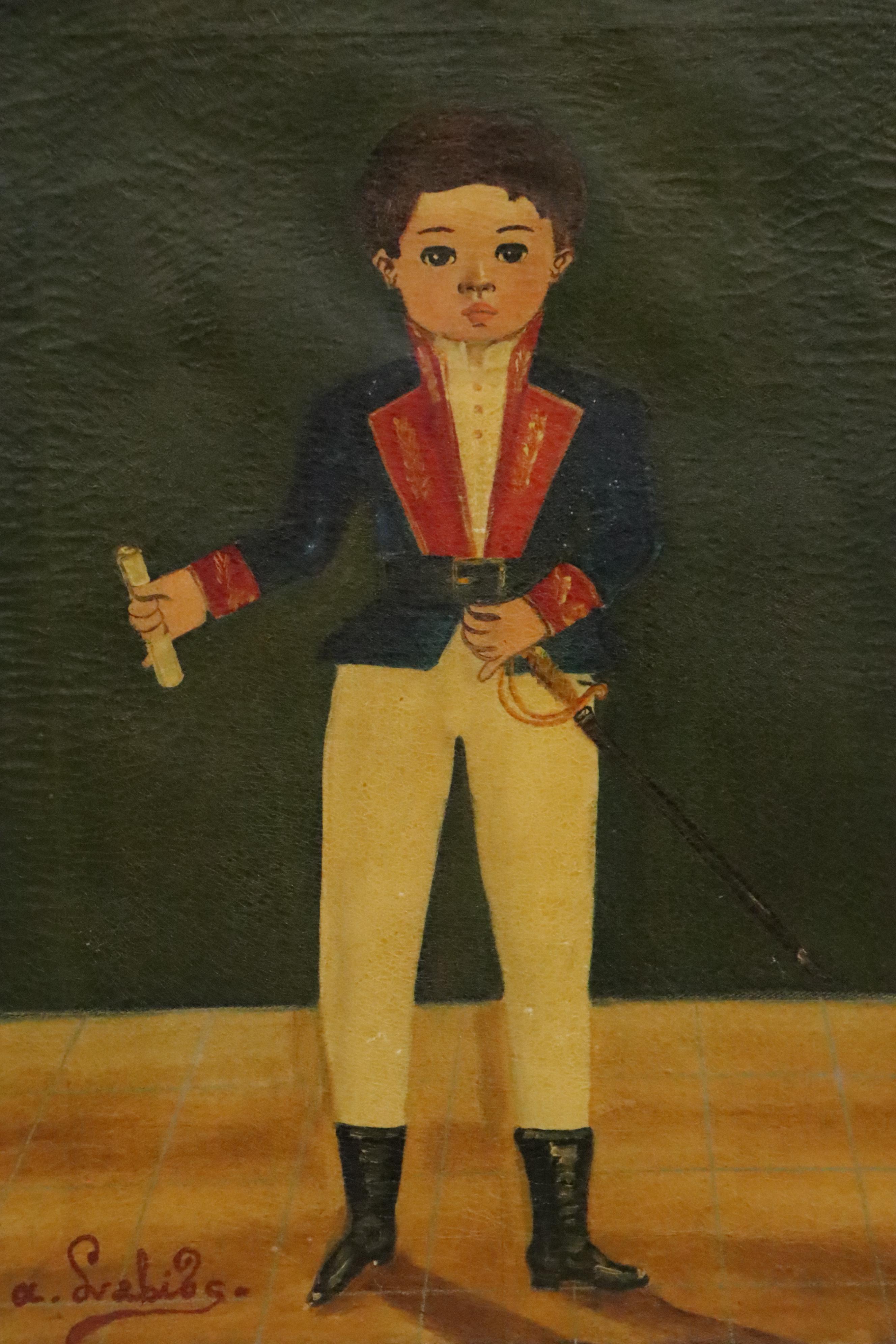 Agapito Labios Folk Art Painting of a Boy in Uniform, Early 20th Century