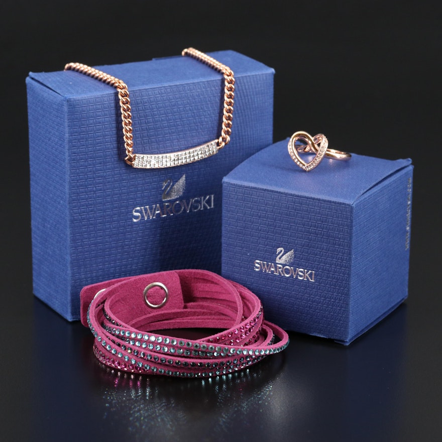 Swarovski "Cupidon" Ring, "Vio" Necklace and Suede Wrap Bracelet