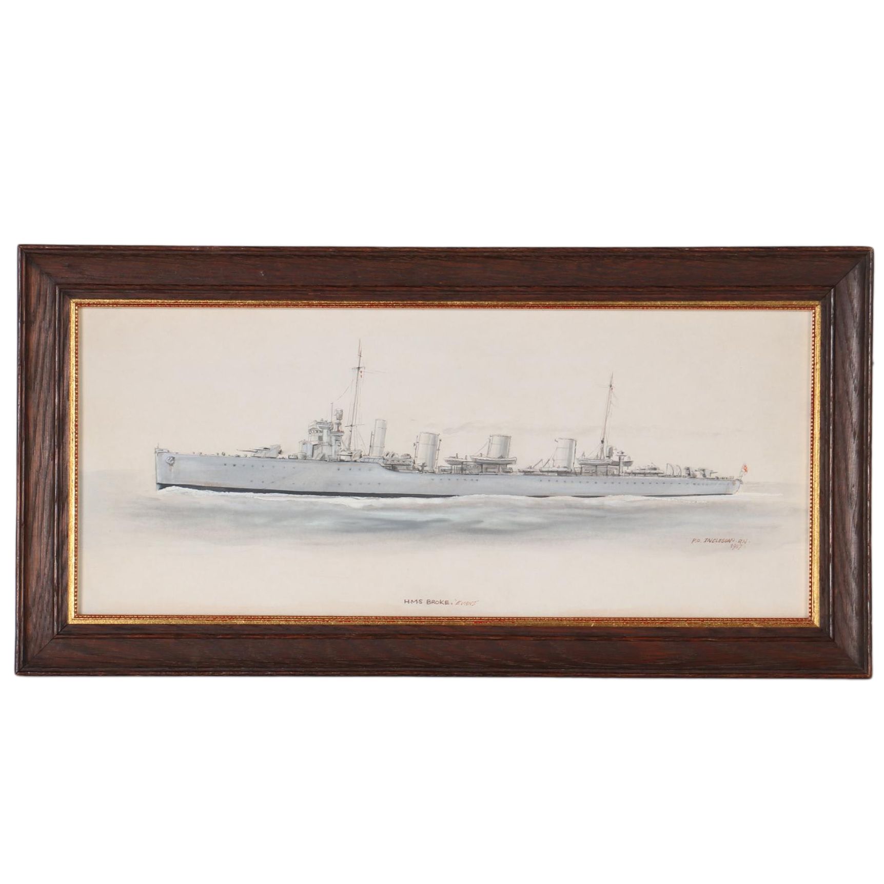 Petty Officer Ingleson Naval Watercolor Painting "HMS Broke, 'Evans'," 1917